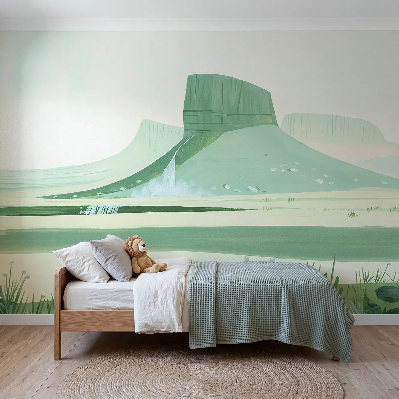 Folk gouache wall mural of a pine-clad mountain by Whimsy Tots