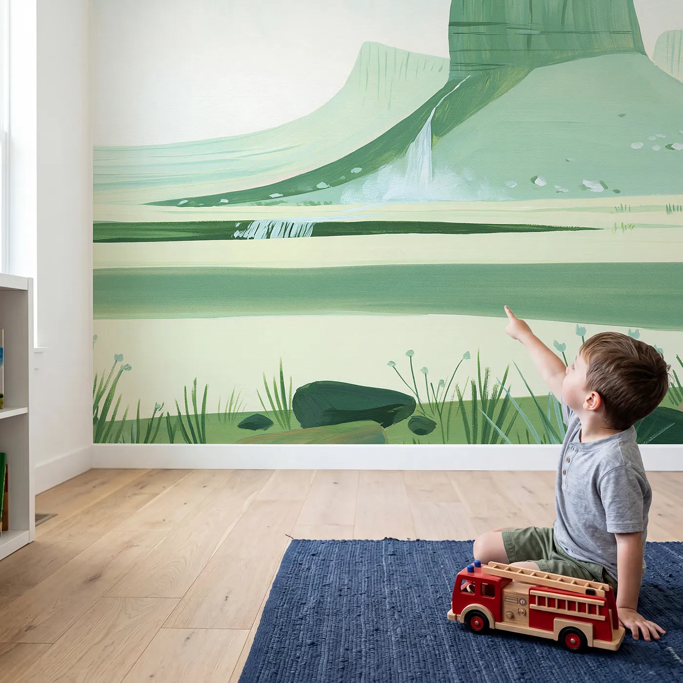 Child in nursery with Folk Morning Mesa Plateau Wallpaper Mural by Whimsy Tots