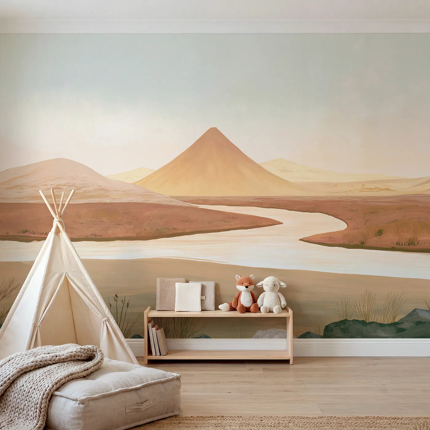 Folk gouache wall mural of a simple valley scene by Whimsy Tots