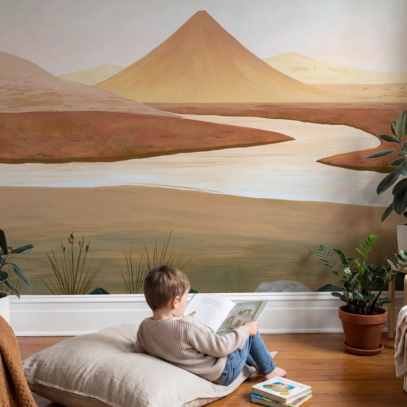Child in nursery with Folk Dawn Volcano Hill Wallpaper Mural by Whimsy Tots