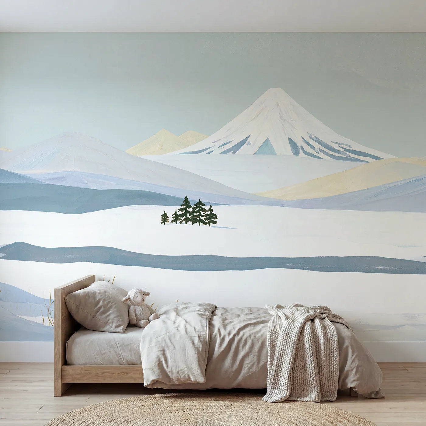 Folk gouache wall mural of an even mountain range band by Whimsy Tots