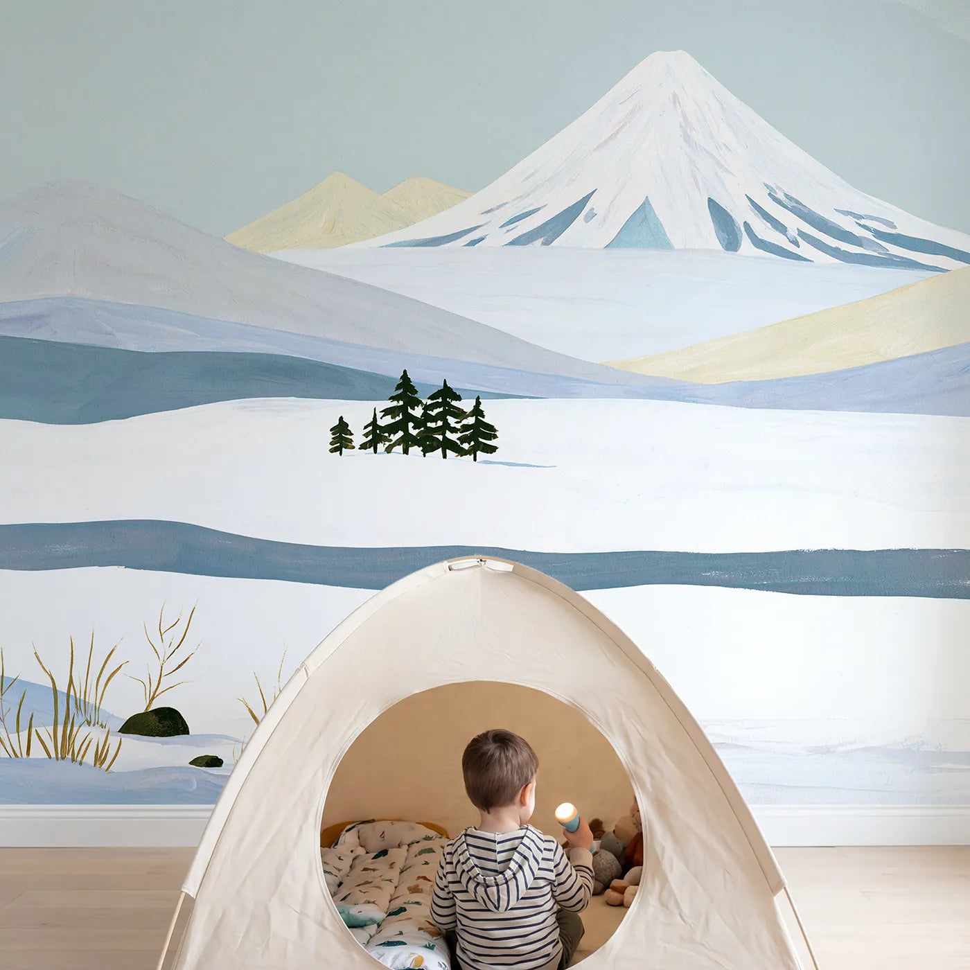 Child in nursery with Folk Midday Volcano Hill Wallpaper Mural by Whimsy Tots