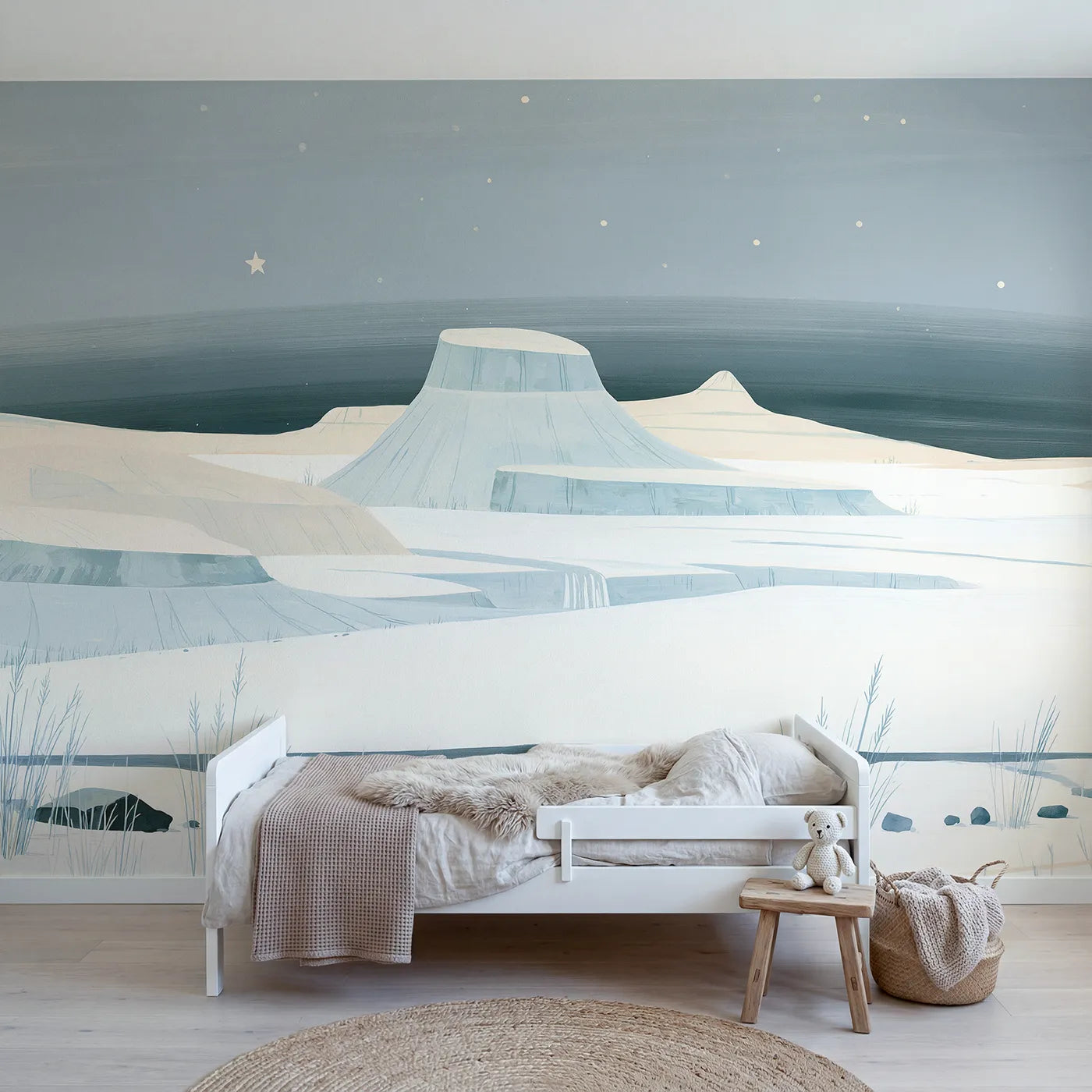 Folk gouache wall mural of three soft hills by Whimsy Tots