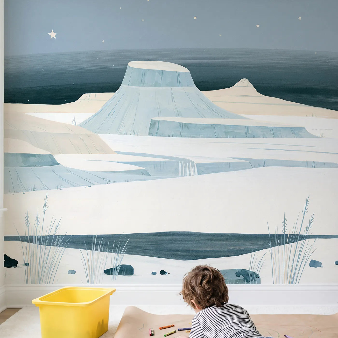 Child in nursery with Folk Starlit Mesa Plateau Wallpaper Mural by Whimsy Tots