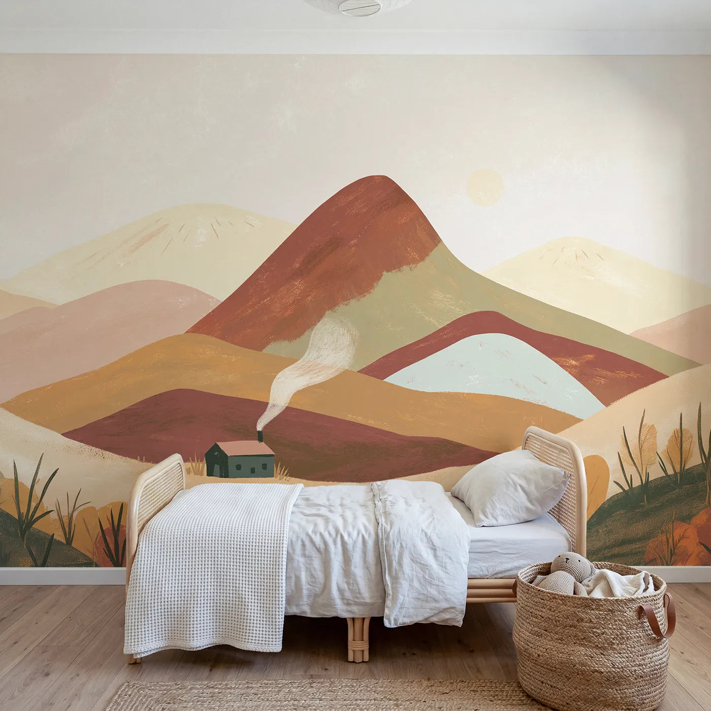 Folk gouache wall mural of a bold snowy peak by Whimsy Tots