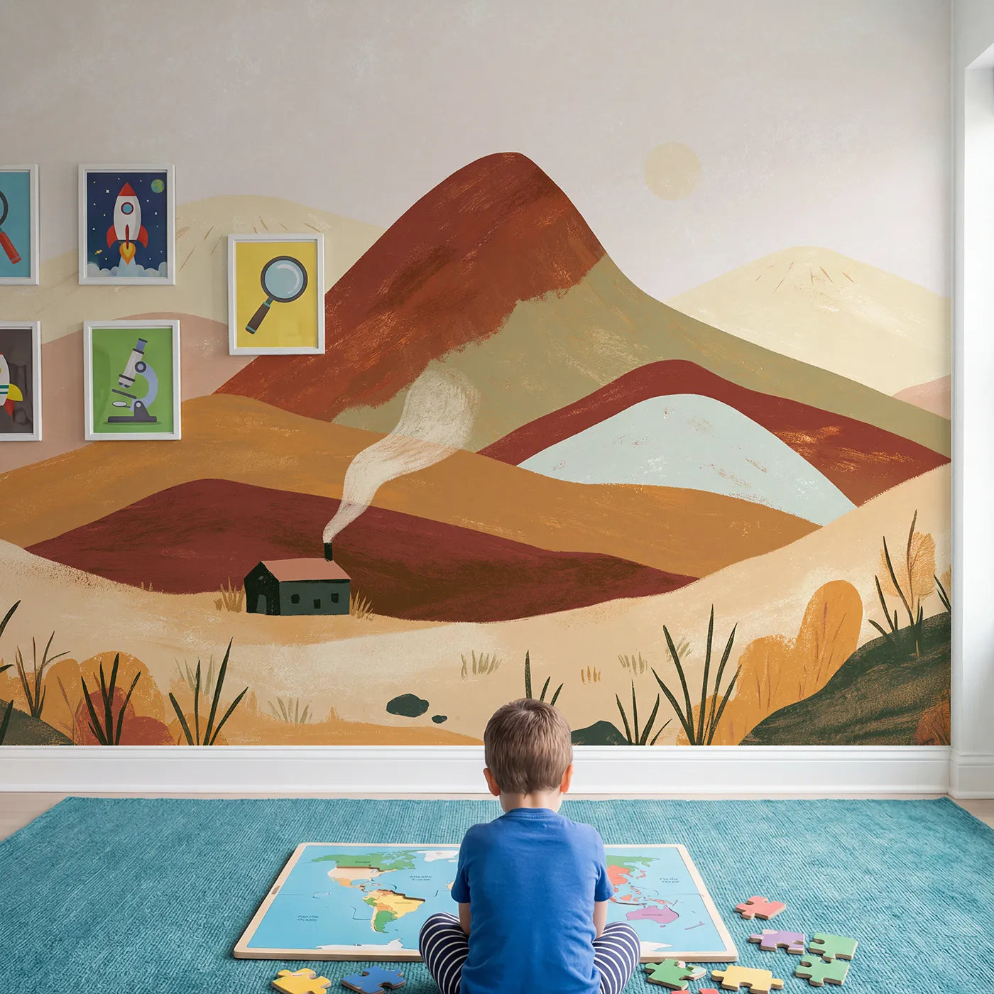 Child in nursery with Folk Morning Rolling Hills Wallpaper Mural by Whimsy Tots