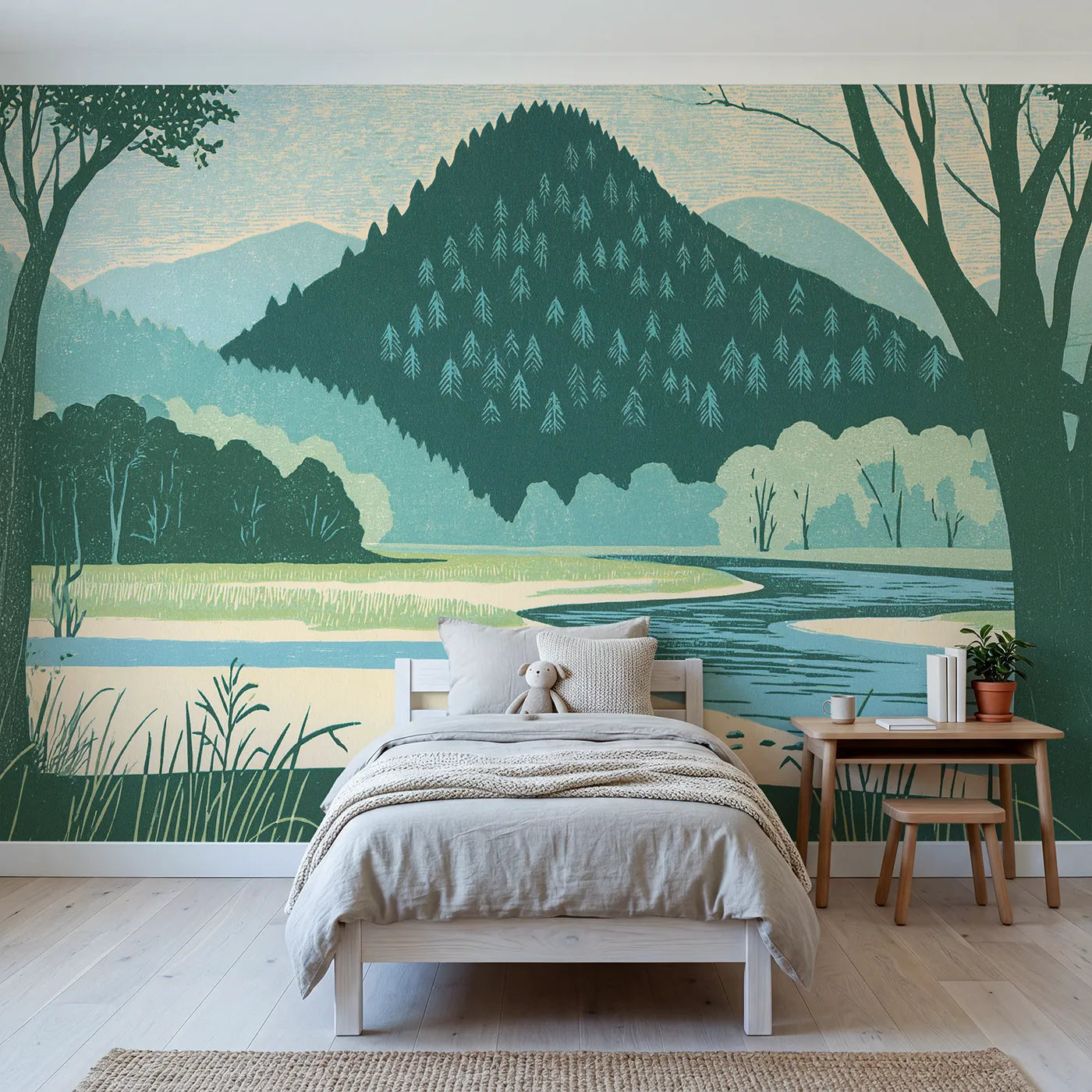 Linocut wall mural of a dusty-blue mountain lake by Whimsy Tots