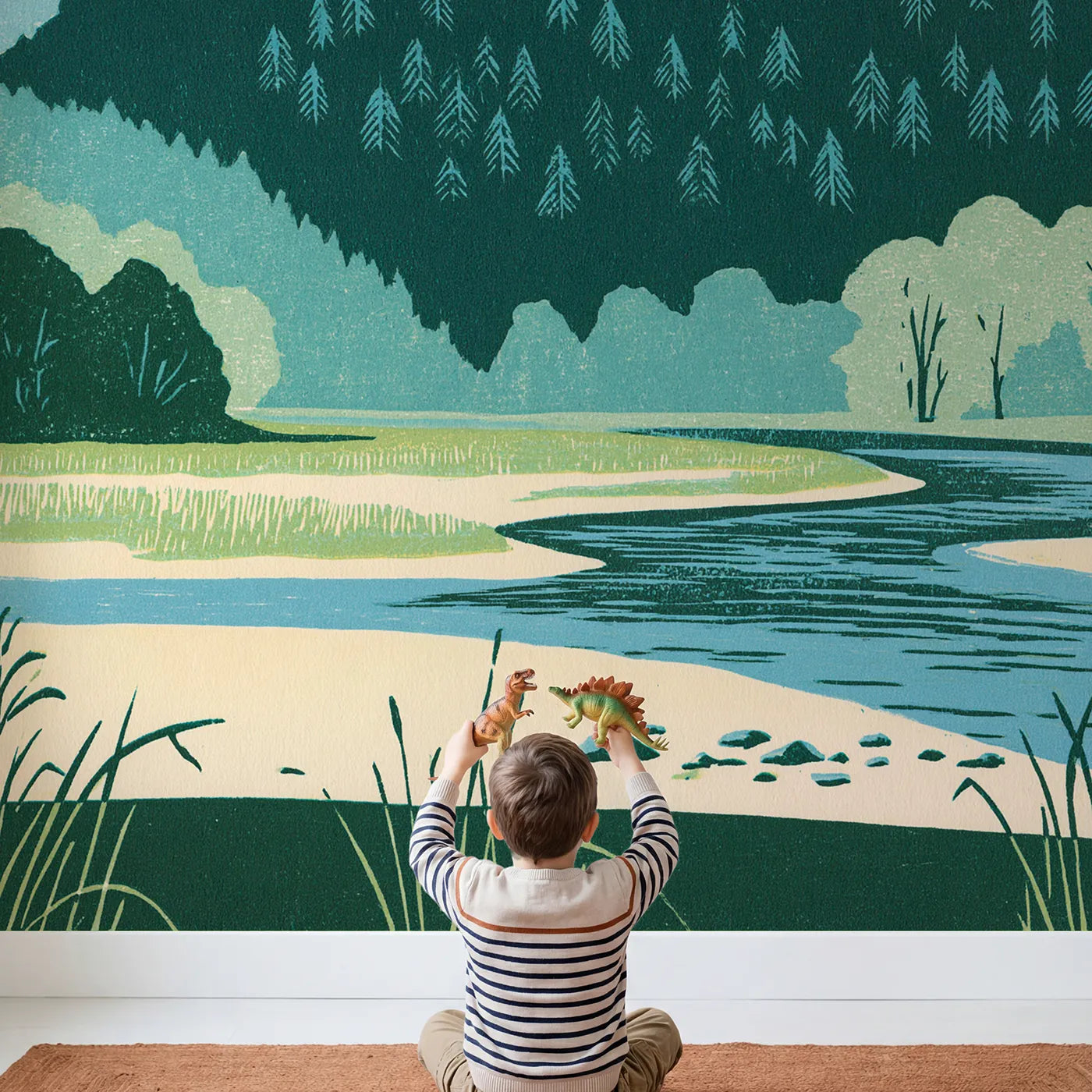 Child in nursery with Linocut Midday Wooded Ridges Wallpaper Mural by Whimsy Tots