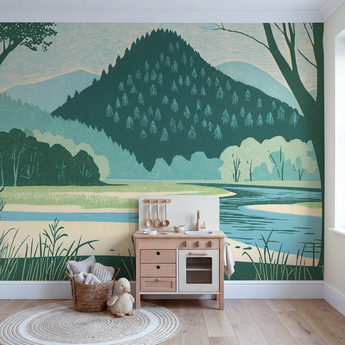 Linocut Midday Wooded Ridges Wallpaper Mural in playroom setting by Whimsy Tots