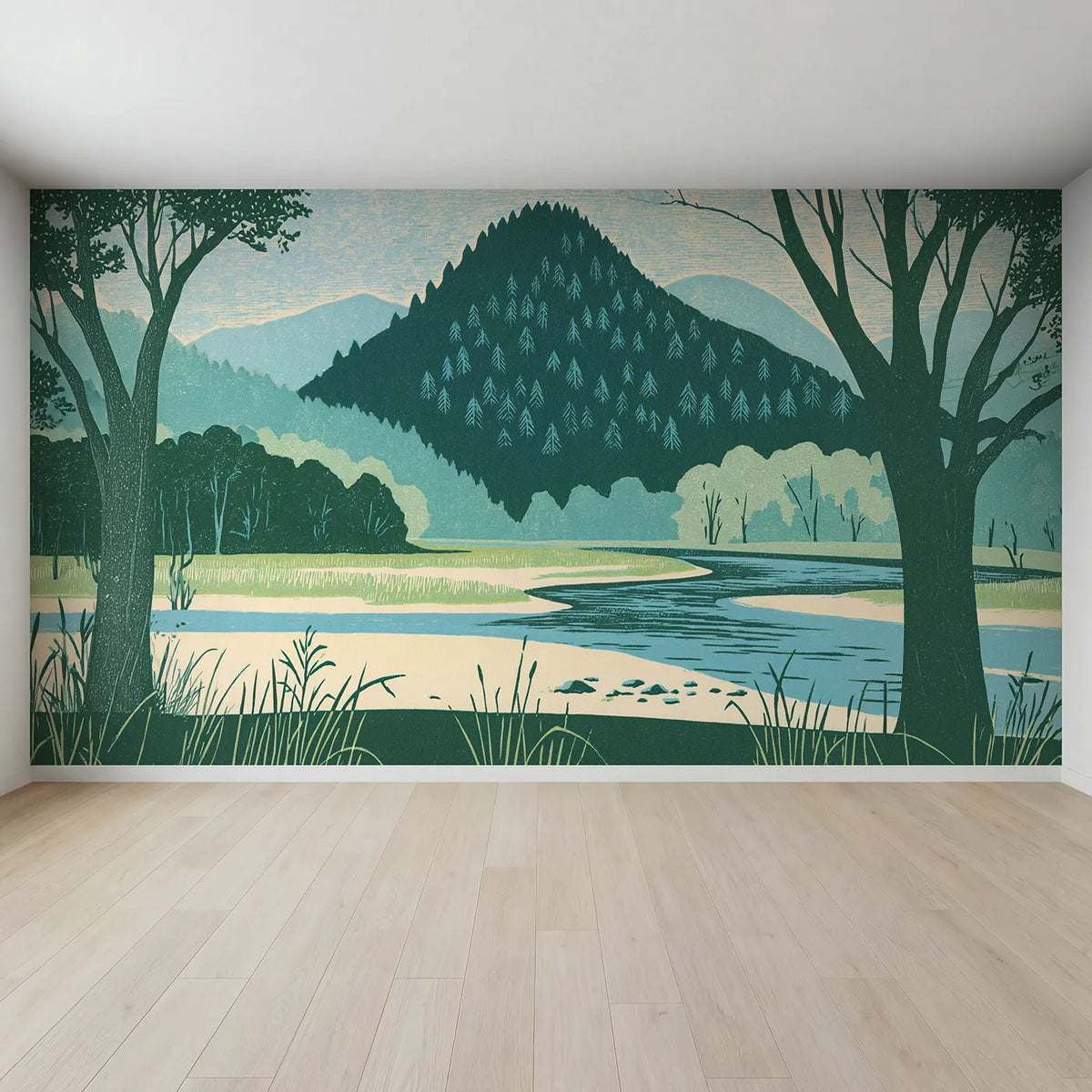 Full view of Linocut Midday Wooded Ridges Wallpaper Mural by Whimsy Tots