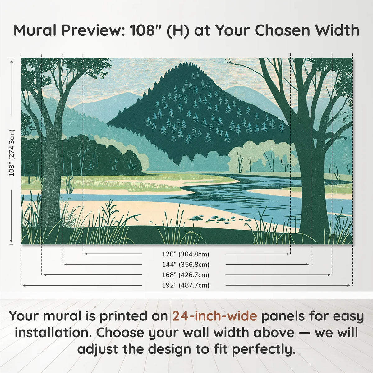 Panel layout and dimensions for Linocut Midday Wooded Ridges Wallpaper Mural by Whimsy Tots