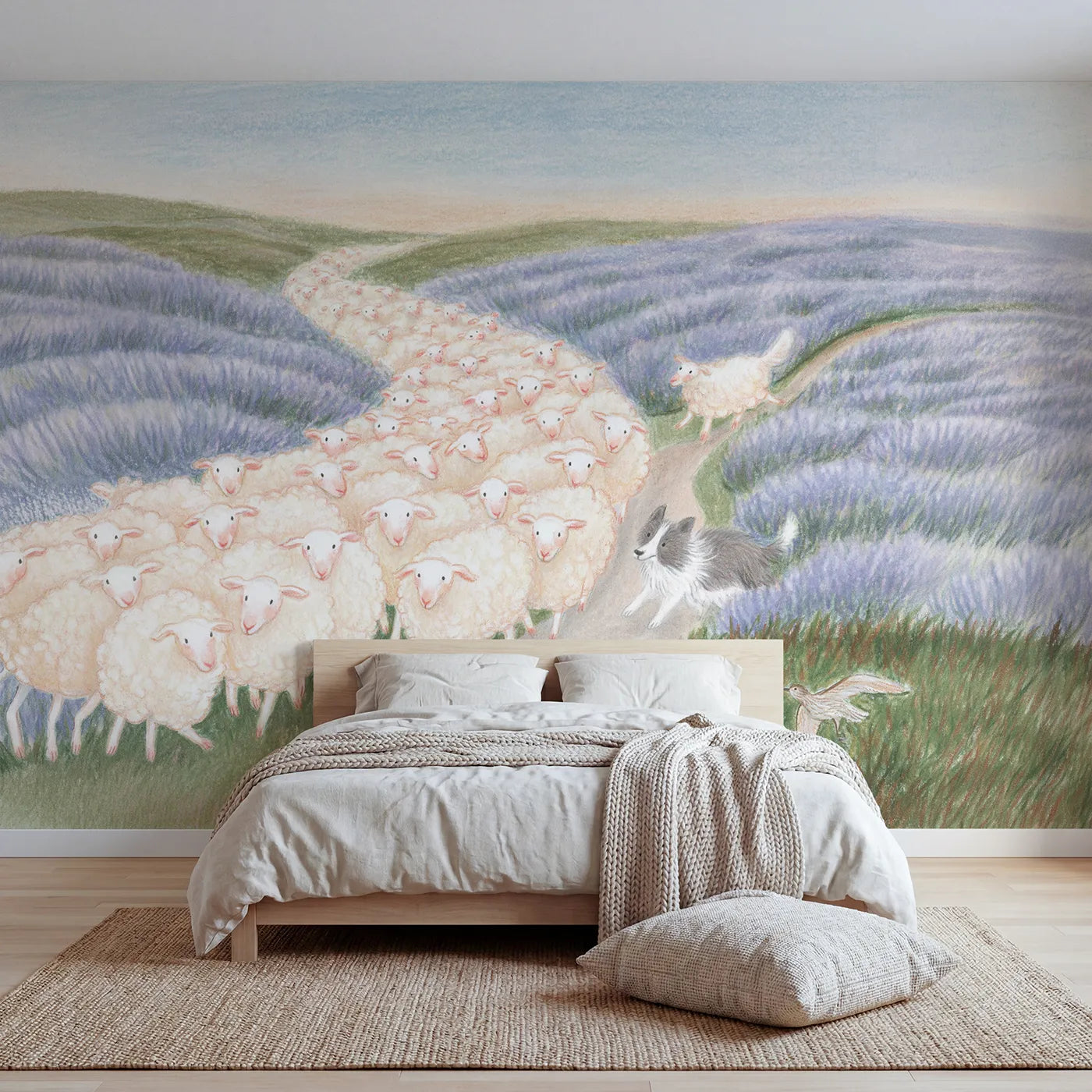 Colored Pencil sheep drive across a heather moor, wall mural for a playroom by Whimsy Tots