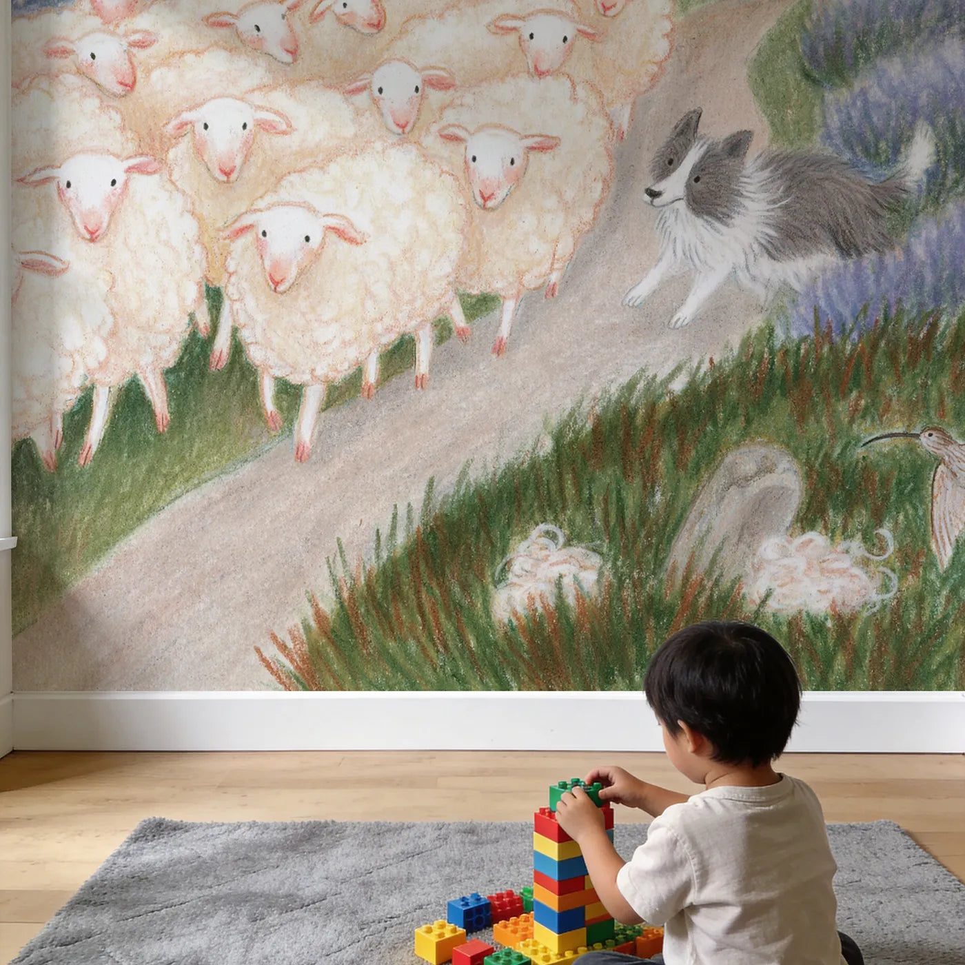 Child in nursery with The Moor Sheep Drive Wallpaper Mural by Whimsy Tots
