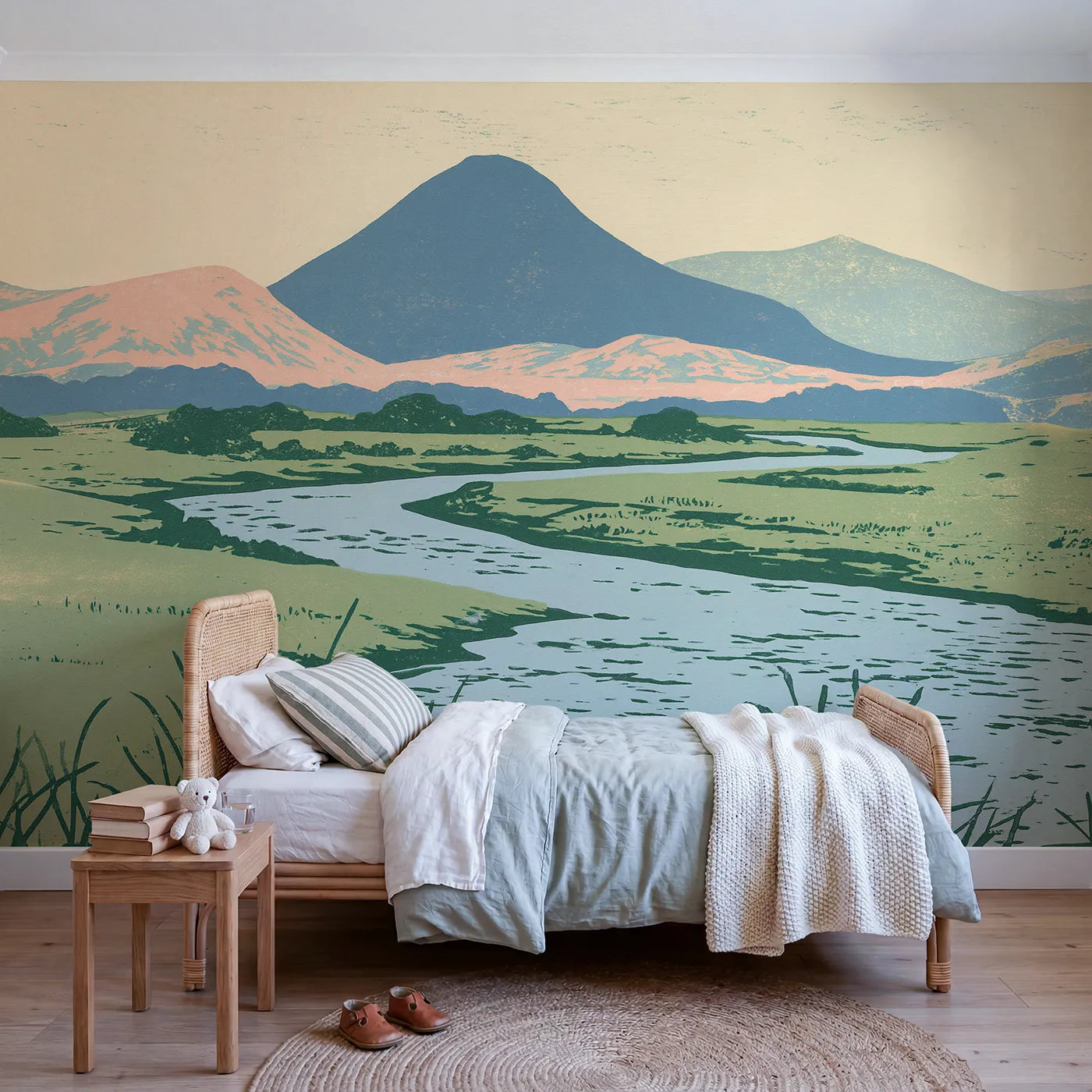 Linocut wall mural of a snug pine valley by Whimsy Tots