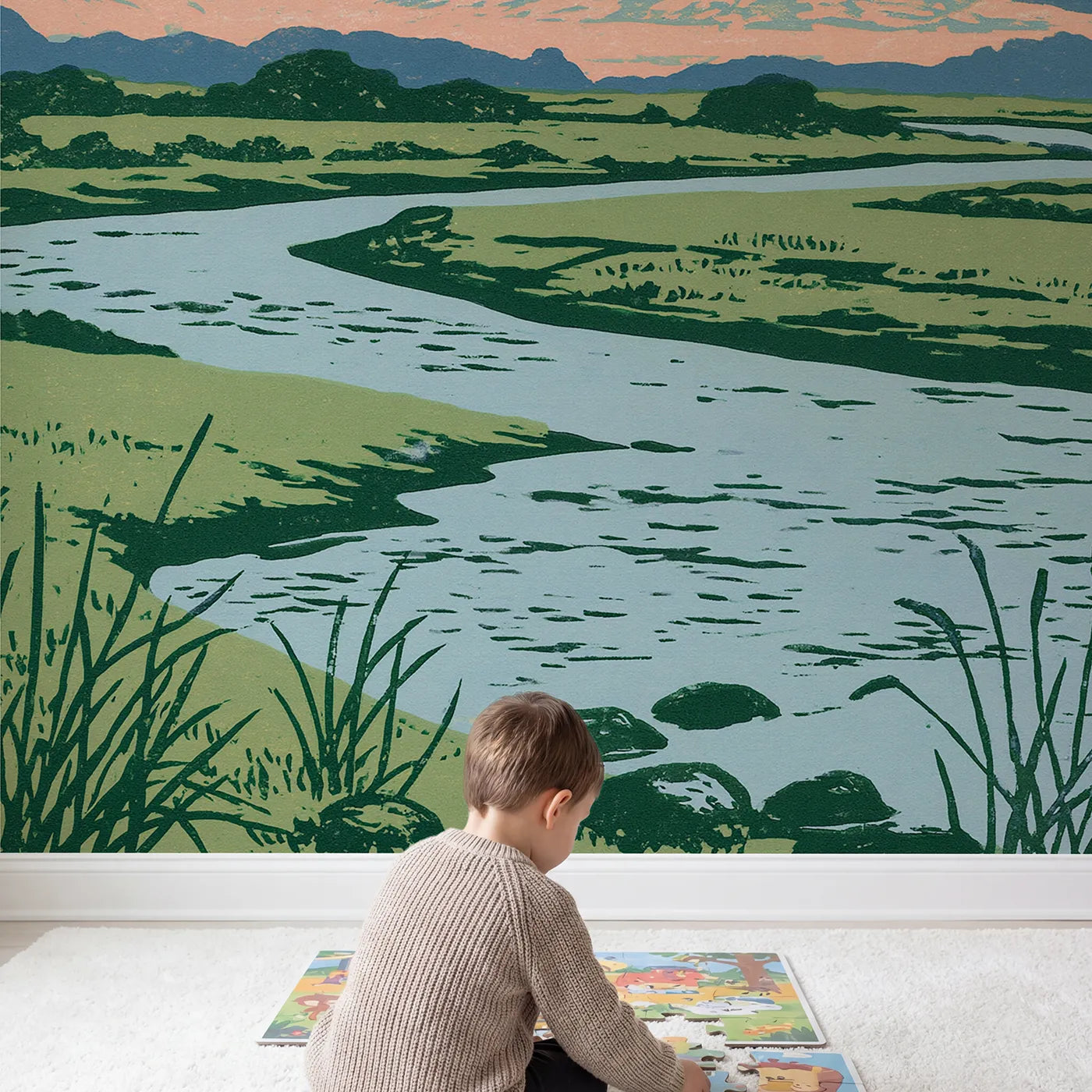 Child in nursery with Linocut Dawn Rolling Hills Wallpaper Mural by Whimsy Tots