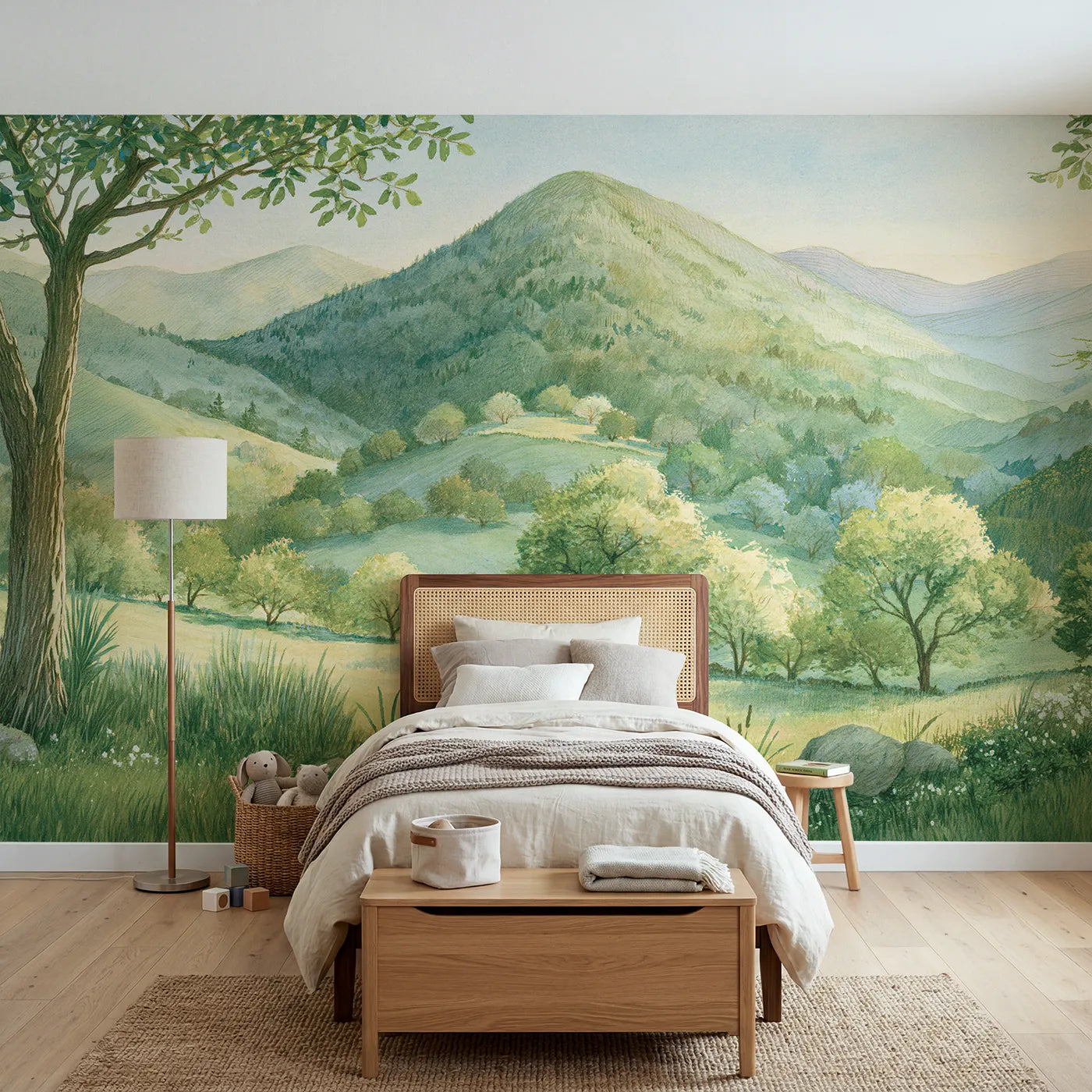 Storybook wall mural of a trail up to friendly peaks by Whimsy Tots