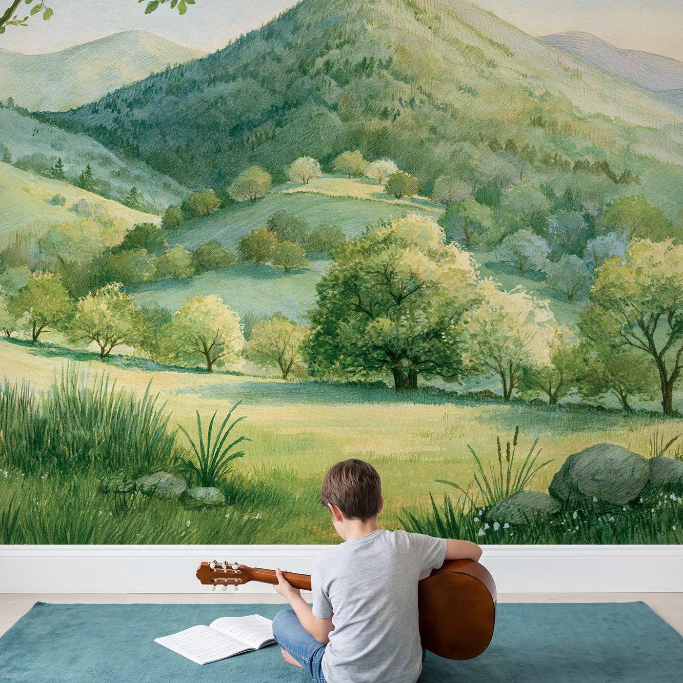 Child in nursery with Midday Wooded Ridges Wallpaper Mural by Whimsy Tots