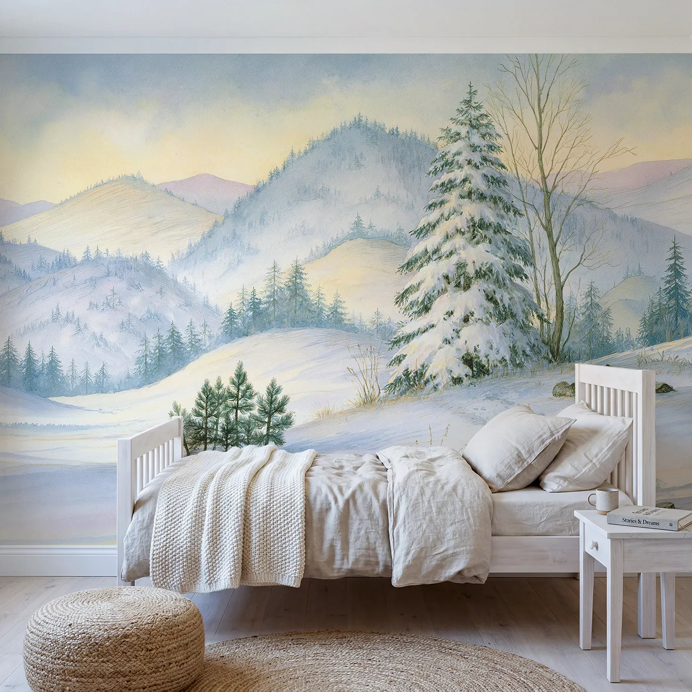 Storybook wall mural of cottages in rolling hills by Whimsy Tots