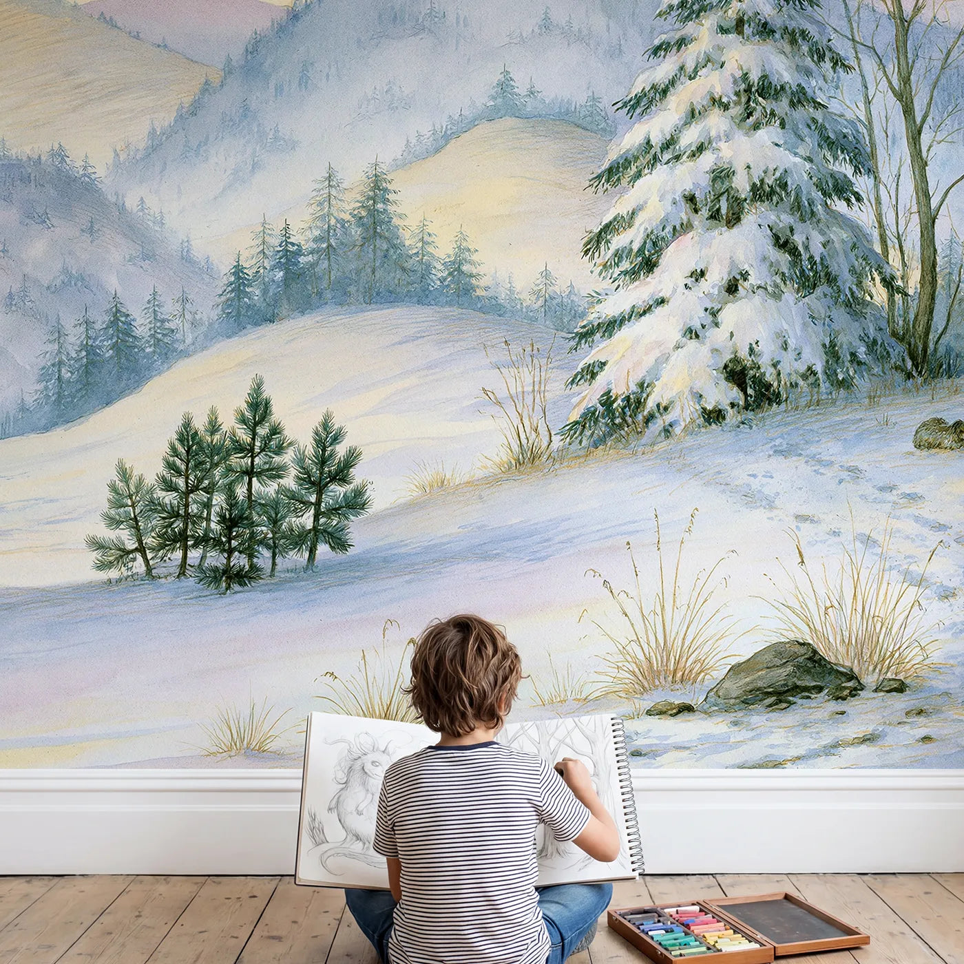 Child in nursery with Dusk Wooded Ridges Wallpaper Mural by Whimsy Tots