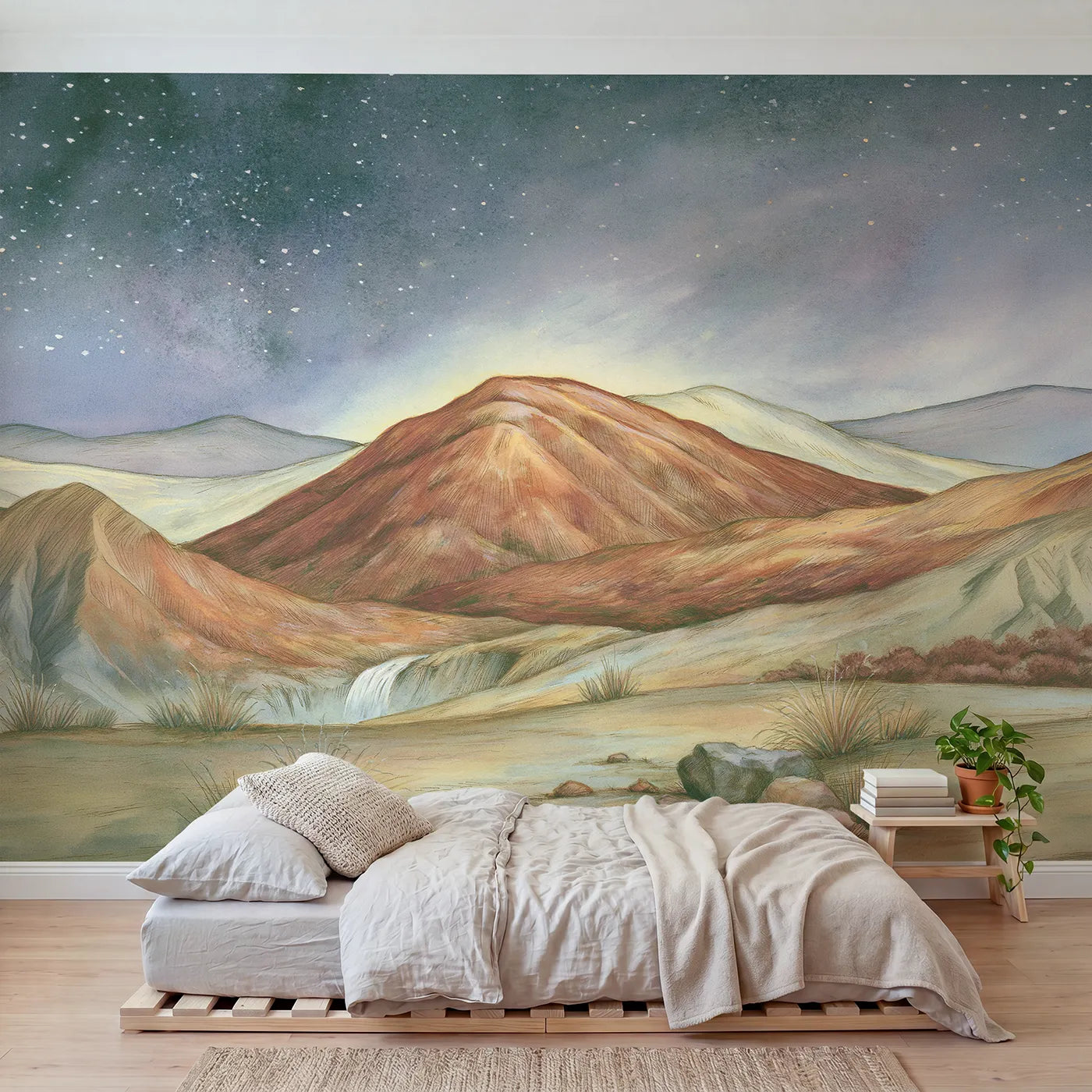 Storybook wall mural of a cheerful mountain day by Whimsy Tots