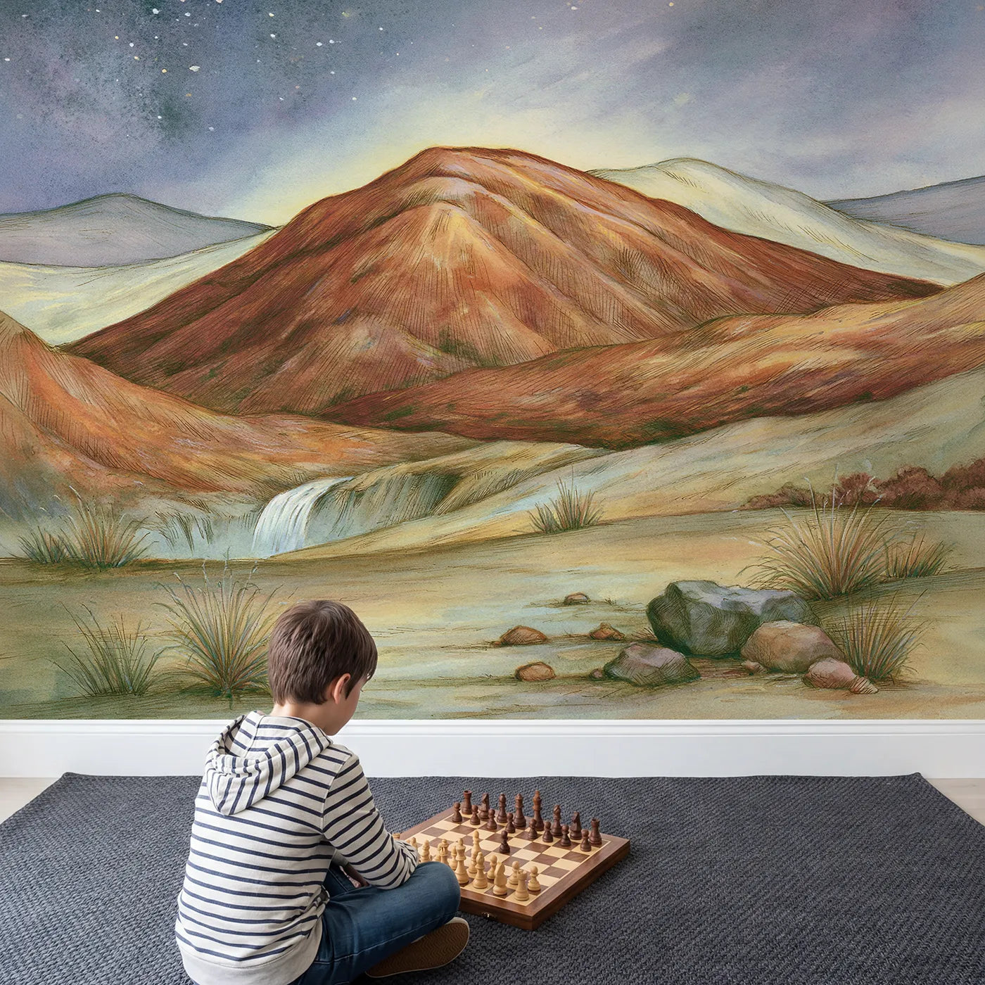 Child in nursery with Starlit Rolling Hills Wallpaper Mural by Whimsy Tots