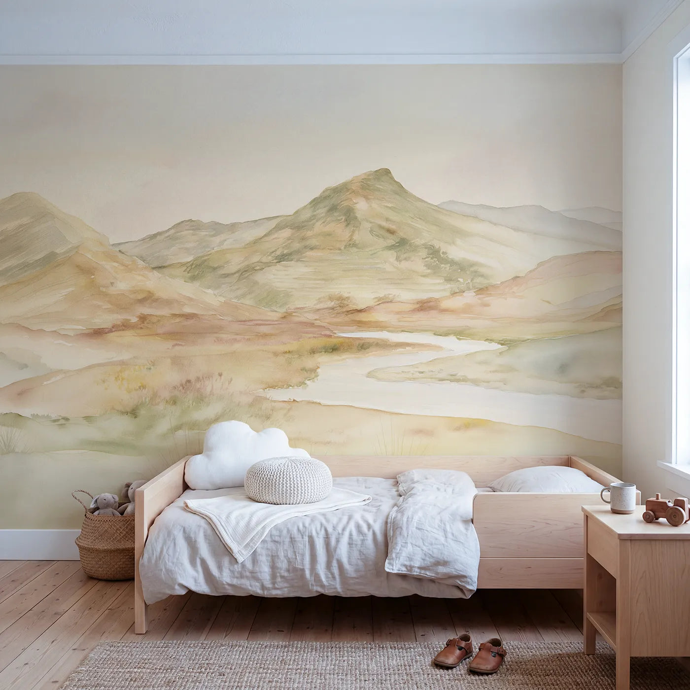 Watercolor wall mural of a warm flat-topped mesa by Whimsy Tots