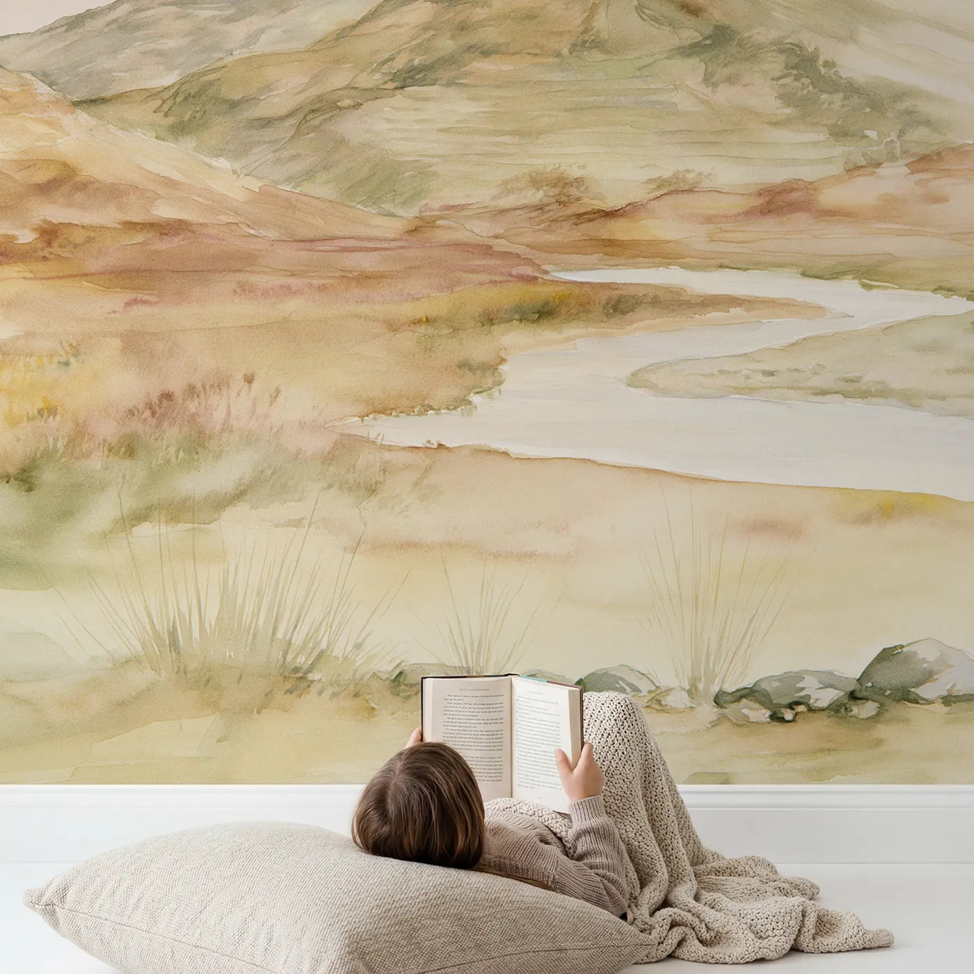 Child in nursery with Dawn Terraced Hills Wallpaper Mural by Whimsy Tots