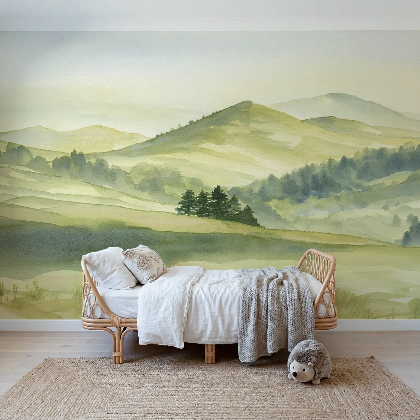 Watercolor wall mural of a warm glowing plateau by Whimsy Tots