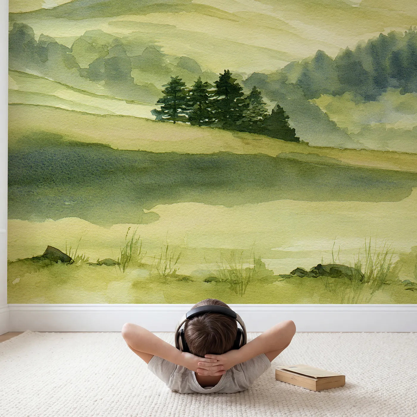 Child in nursery with Midday Rolling Hills Wallpaper Mural by Whimsy Tots
