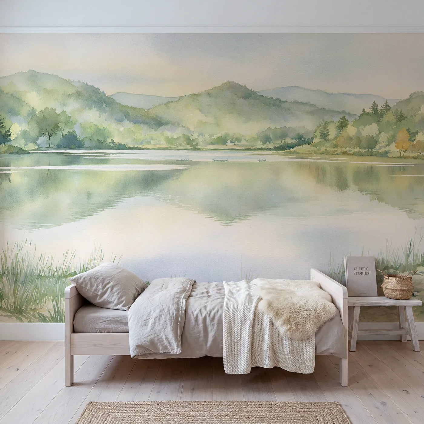 Watercolor wall mural of a waterfall in a green glen by Whimsy Tots