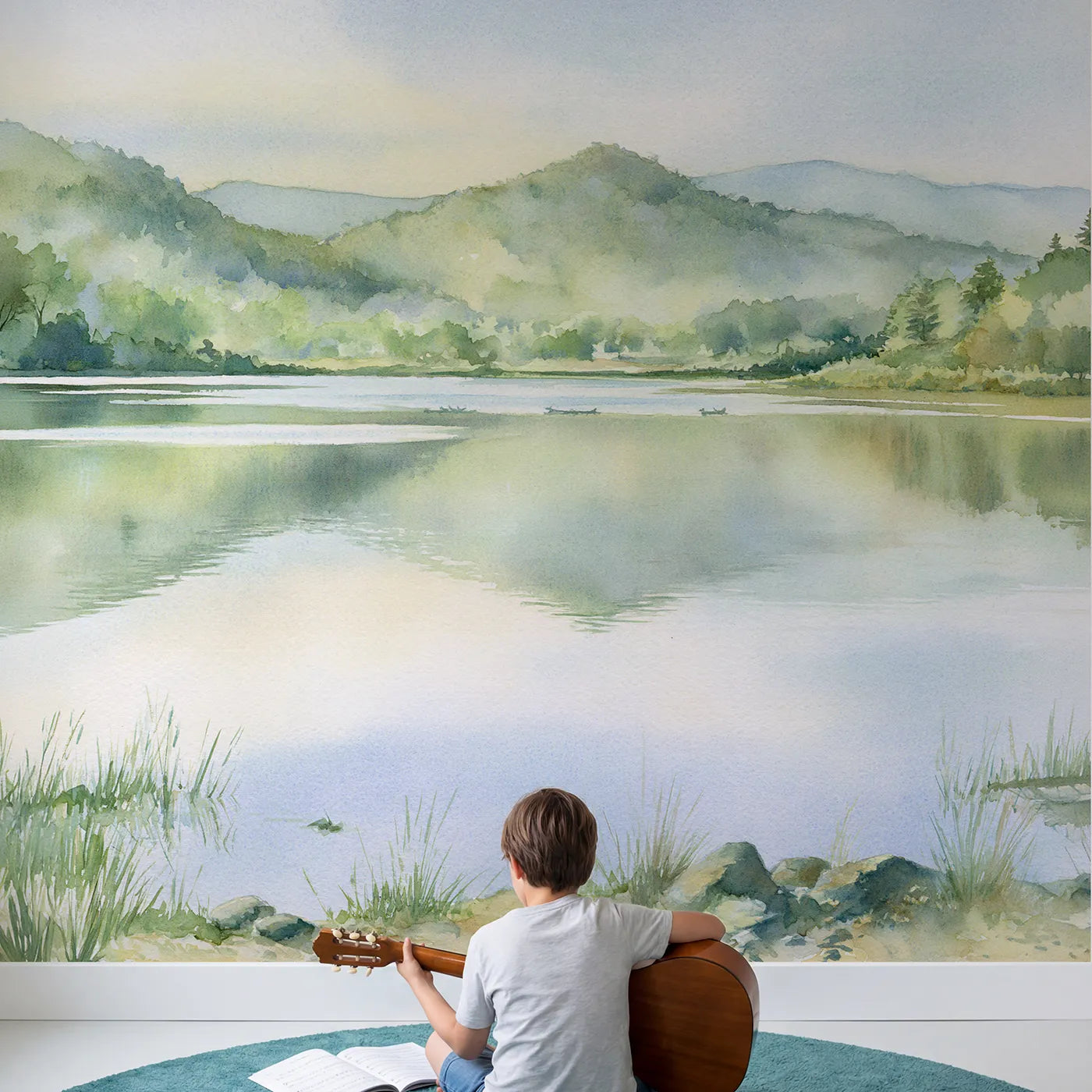 Child in nursery with Morning Wooded Ridges Lake Wallpaper Mural by Whimsy Tots