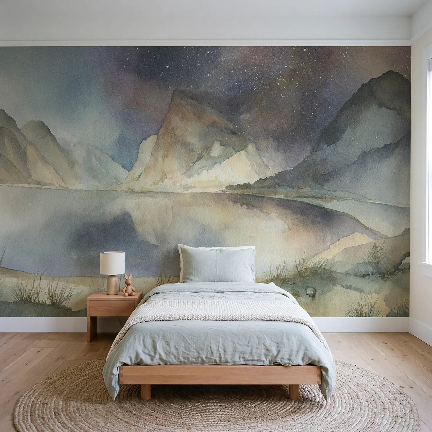 Watercolor wall mural of misty highland moorland by Whimsy Tots