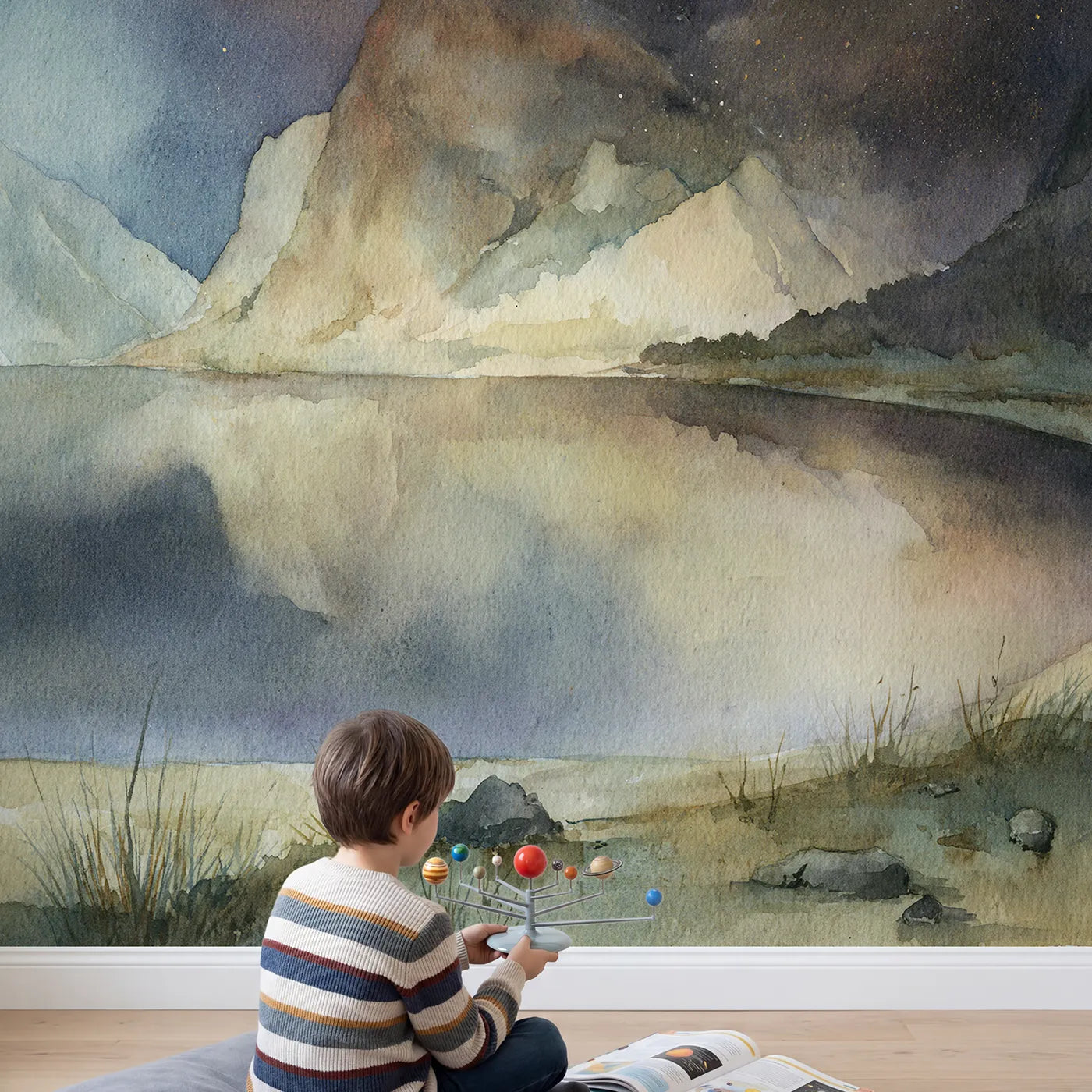 Child in nursery with Starlit Fjord Cliffs Wallpaper Mural by Whimsy Tots