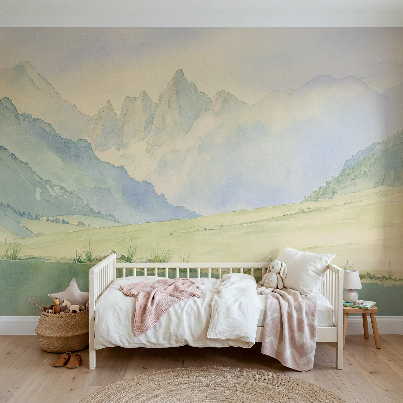 Watercolor wall mural of a warm glowing canyon by Whimsy Tots