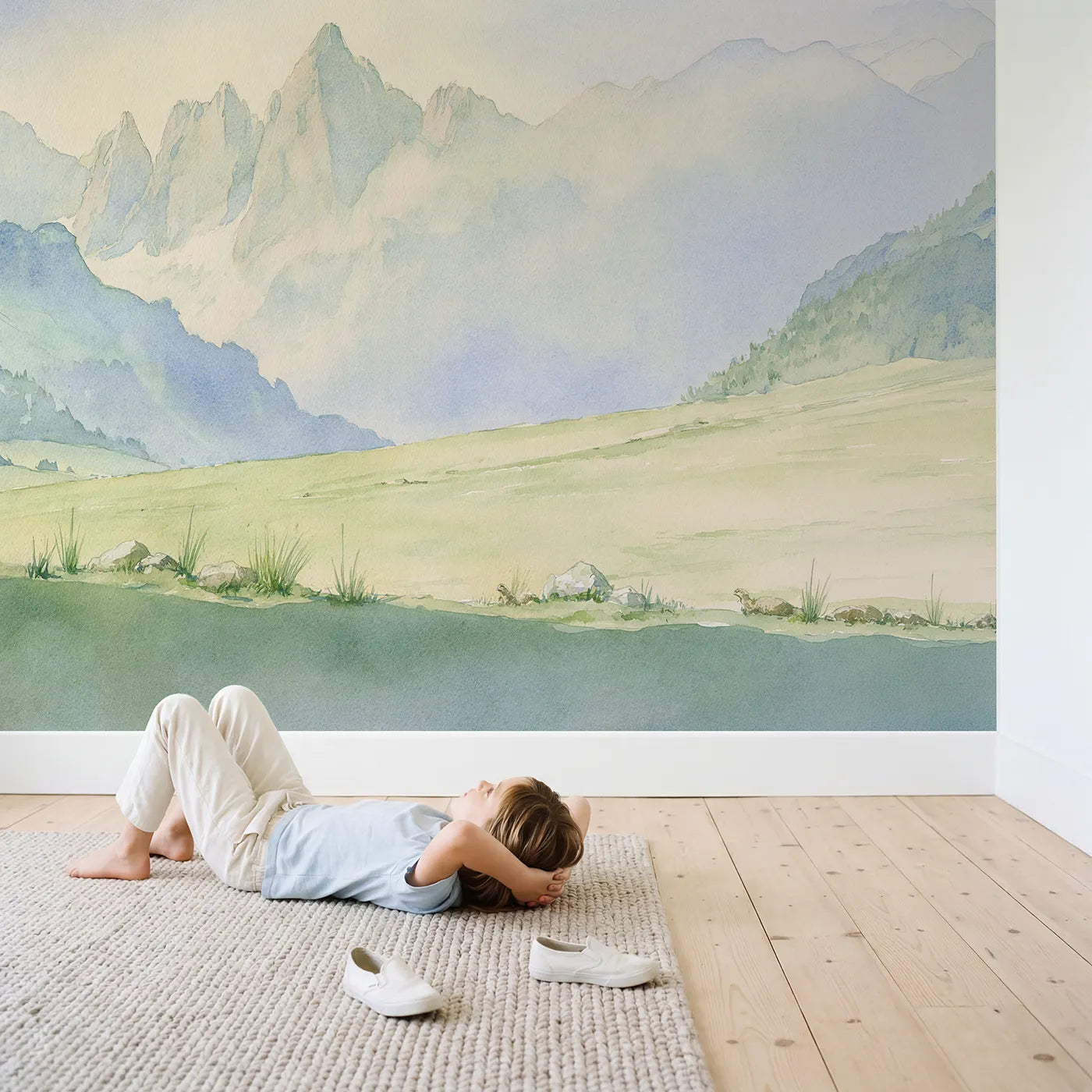 Child in nursery with Morning Alpine Peaks Meadow Wallpaper Mural by Whimsy Tots
