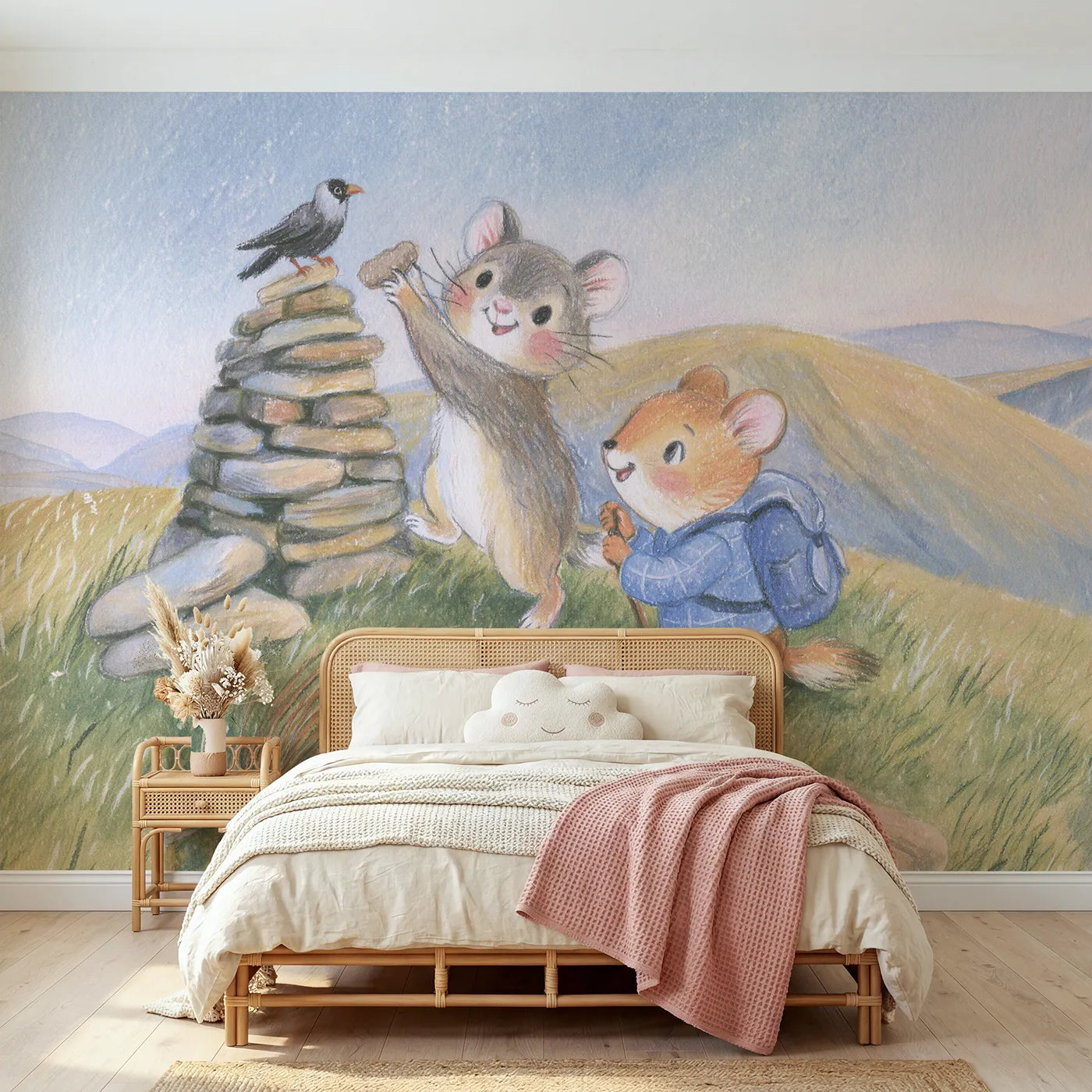 Colored Pencil hiker adding a stone to a summit cairn, wall mural for a bedroom by Whimsy Tots
