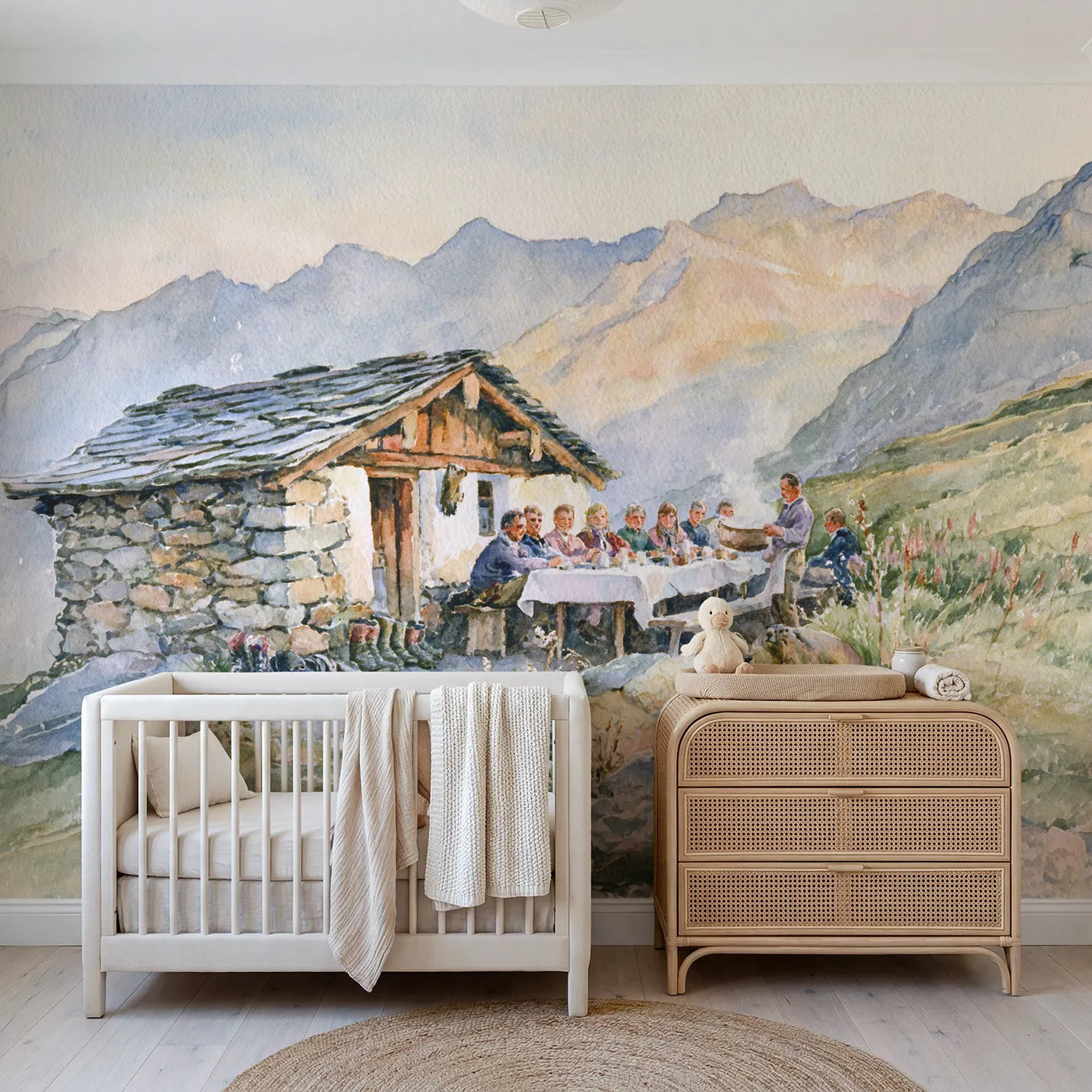 Watercolor supper on a mountain hut terrace, wall mural for a shared kids room by Whimsy Tots