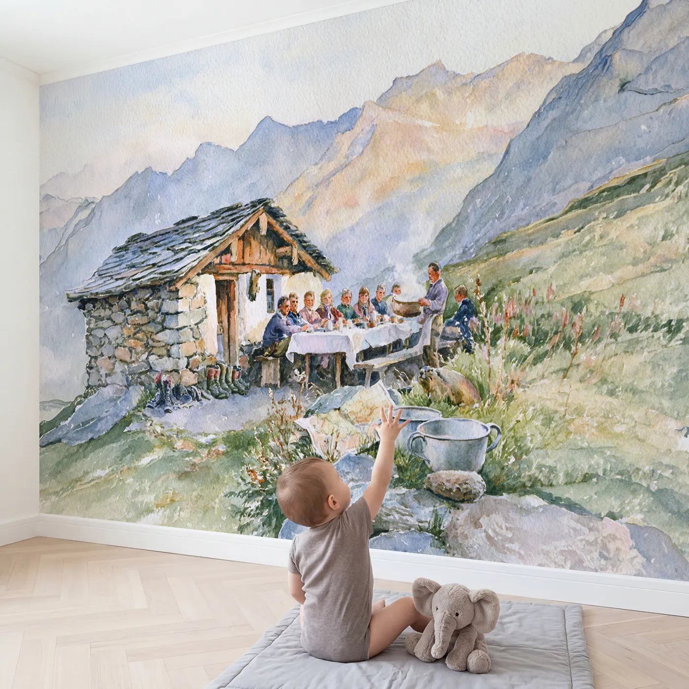 Child in nursery with Supper at the Mountain Hut Wallpaper Mural by Whimsy Tots