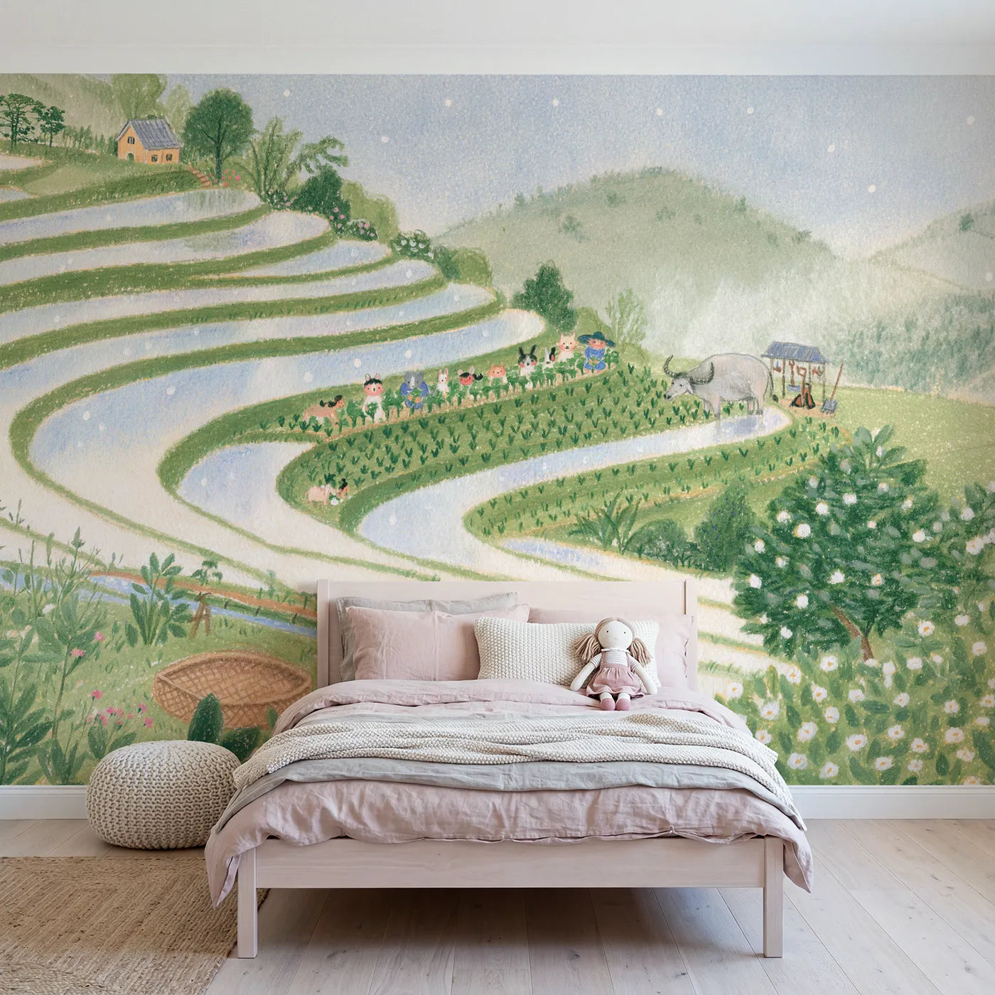 Colored Pencil flooded terraces mirroring the sky, mural for a big-kid bedroom by Whimsy Tots