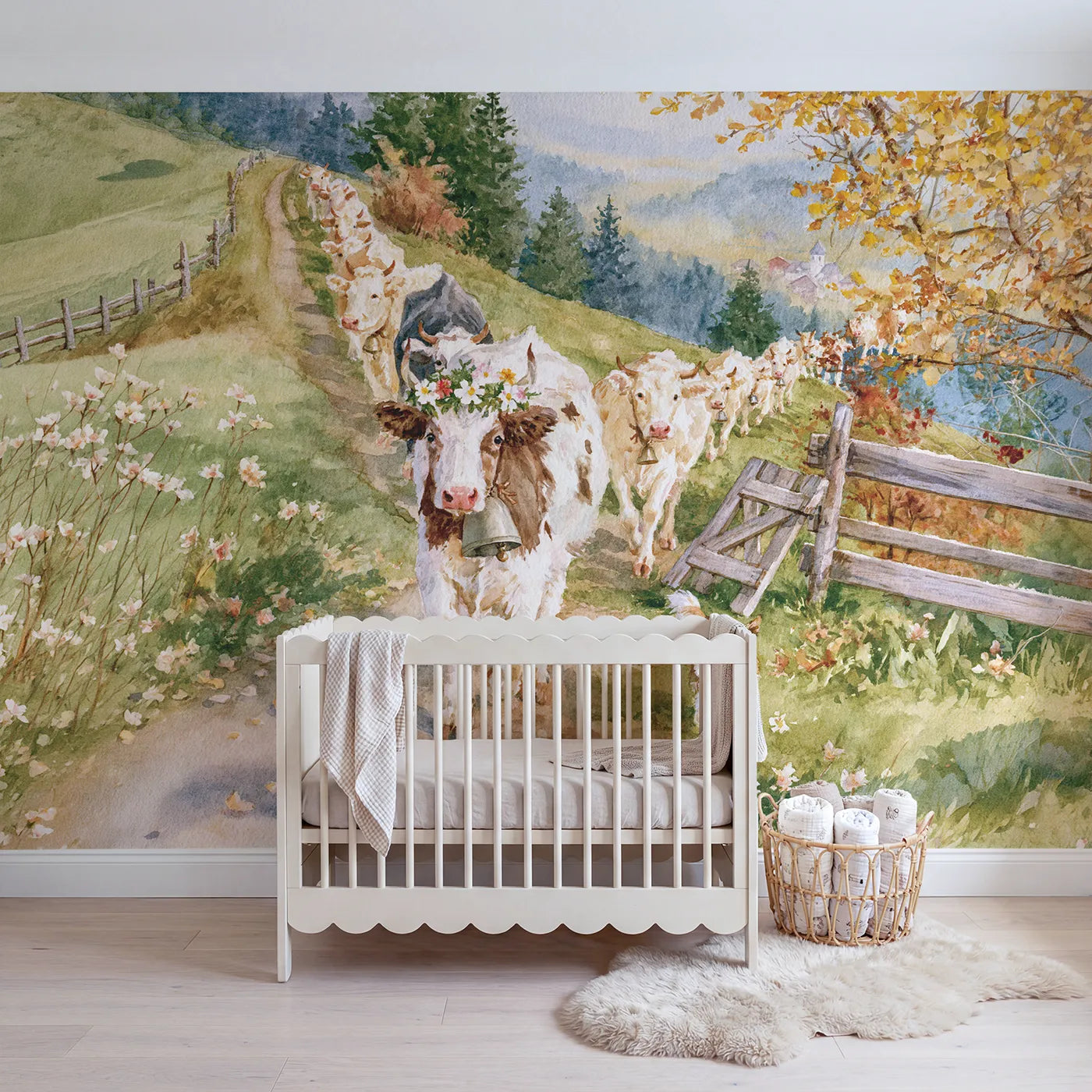 Watercolor flower-crowned cow leading the herd downhill, wall mural for a playroom by Whimsy Tots