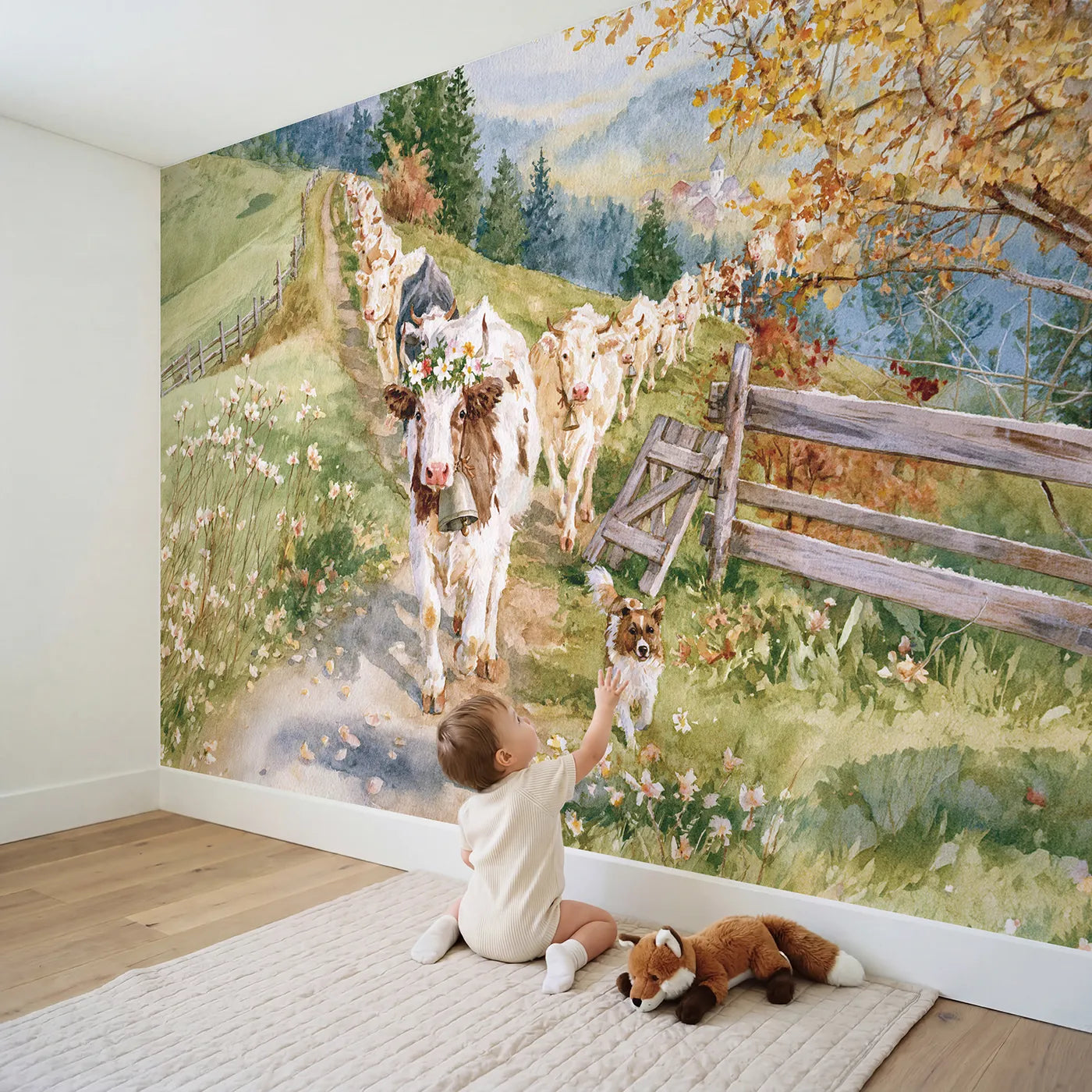 Child in nursery with The Cow Parade Down Wallpaper Mural by Whimsy Tots