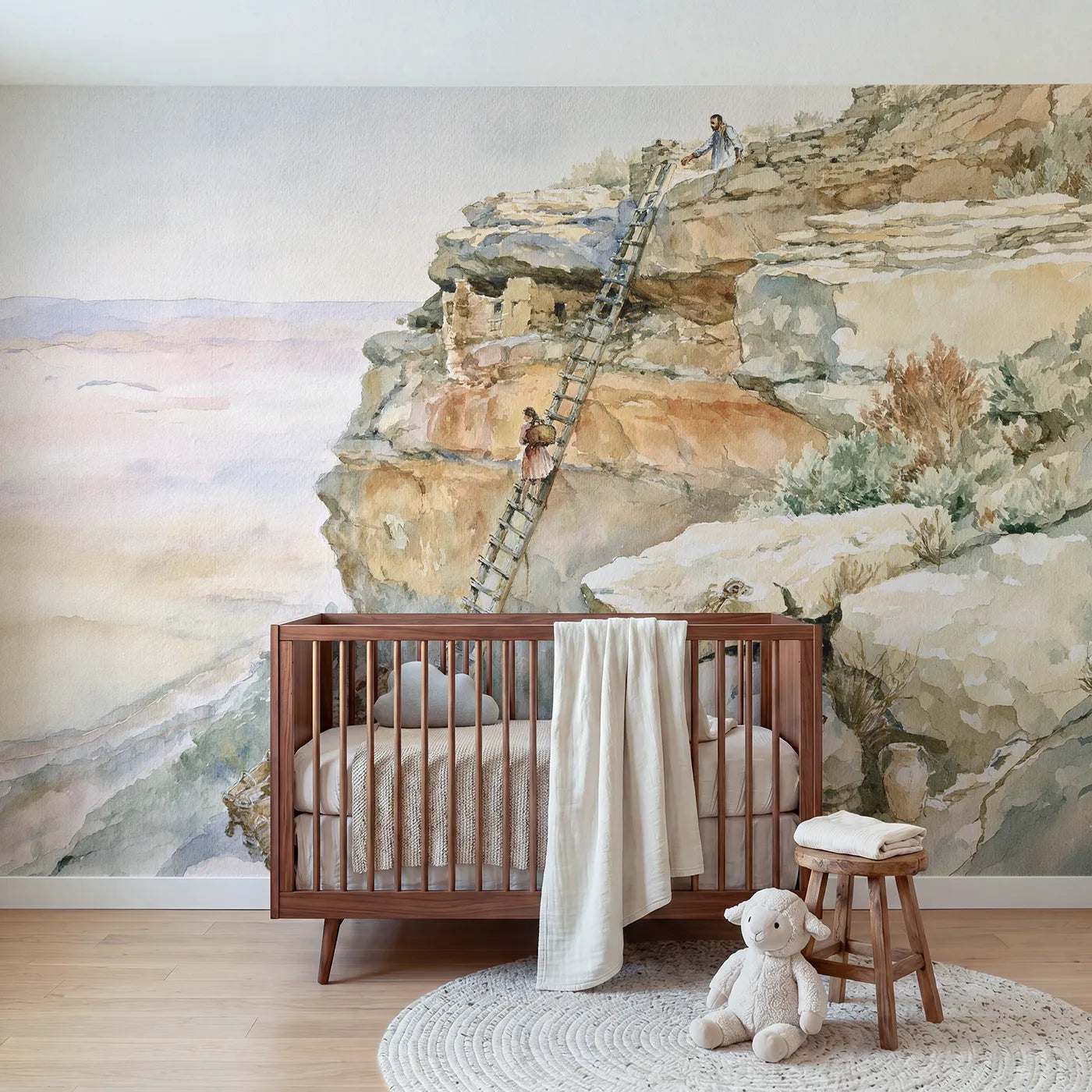 Watercolor ladder up to cliff dwellings, mural for a big-kid bedroom by Whimsy Tots