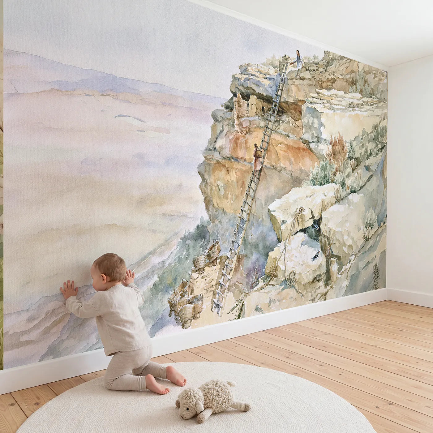 Child in nursery with The Cliff Ladder Wallpaper Mural by Whimsy Tots
