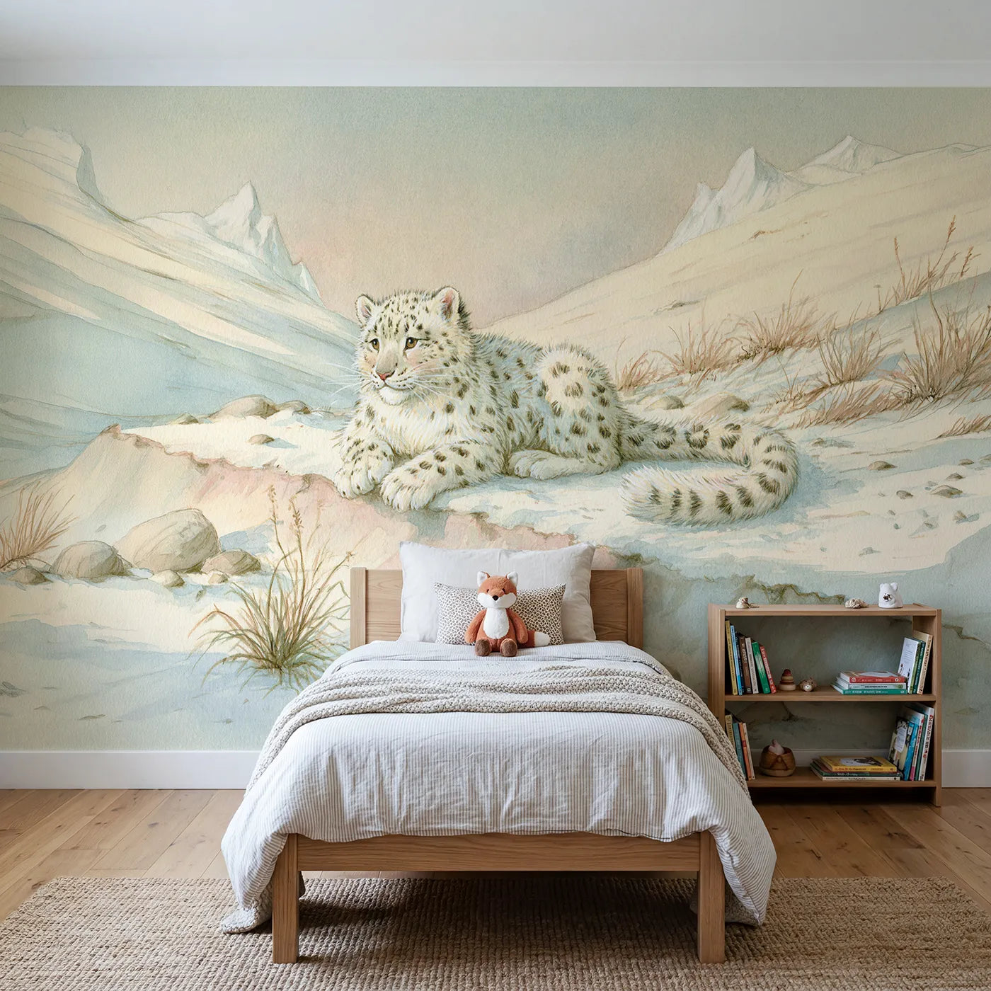 Mountain wall mural of a gentle resting snow leopard by Whimsy Tots