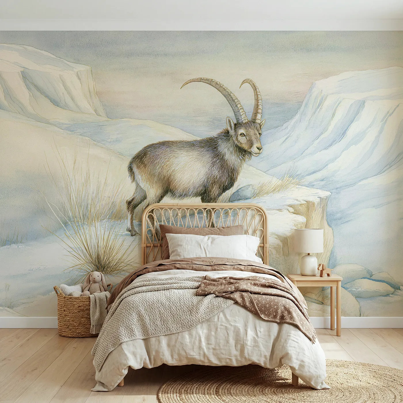 Mountain wall mural of a sure-footed curved-horn ibex by Whimsy Tots