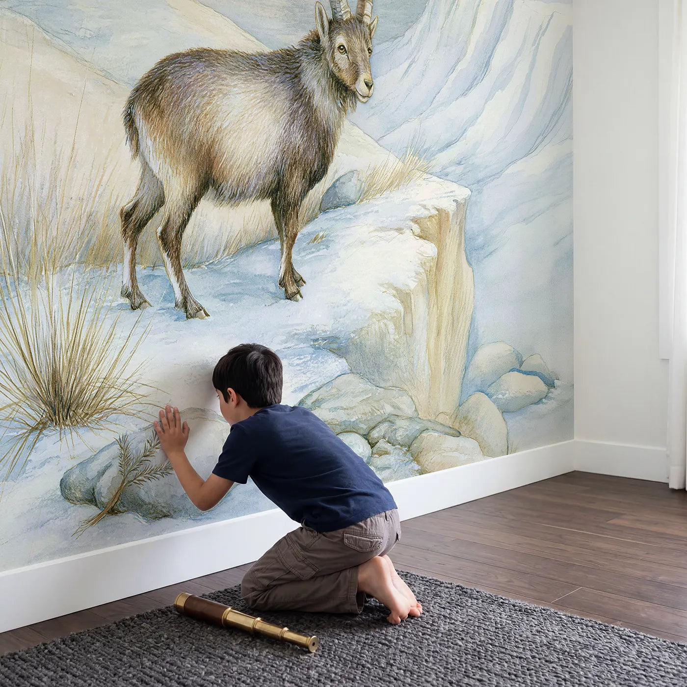 Child in nursery with Mountain Ibex Wallpaper Mural by Whimsy Tots