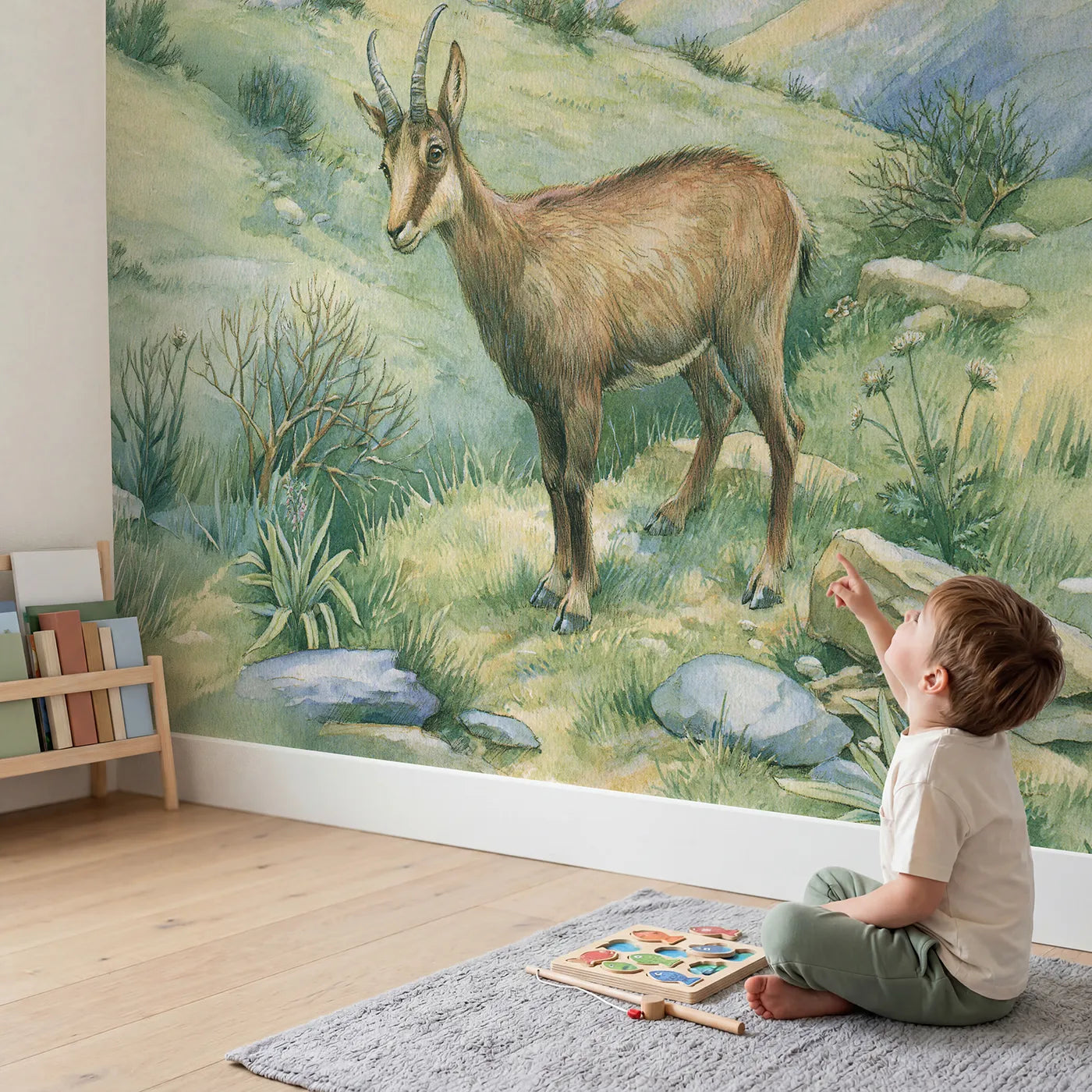 Child in nursery with Gentle Chamois Wallpaper Mural by Whimsy Tots