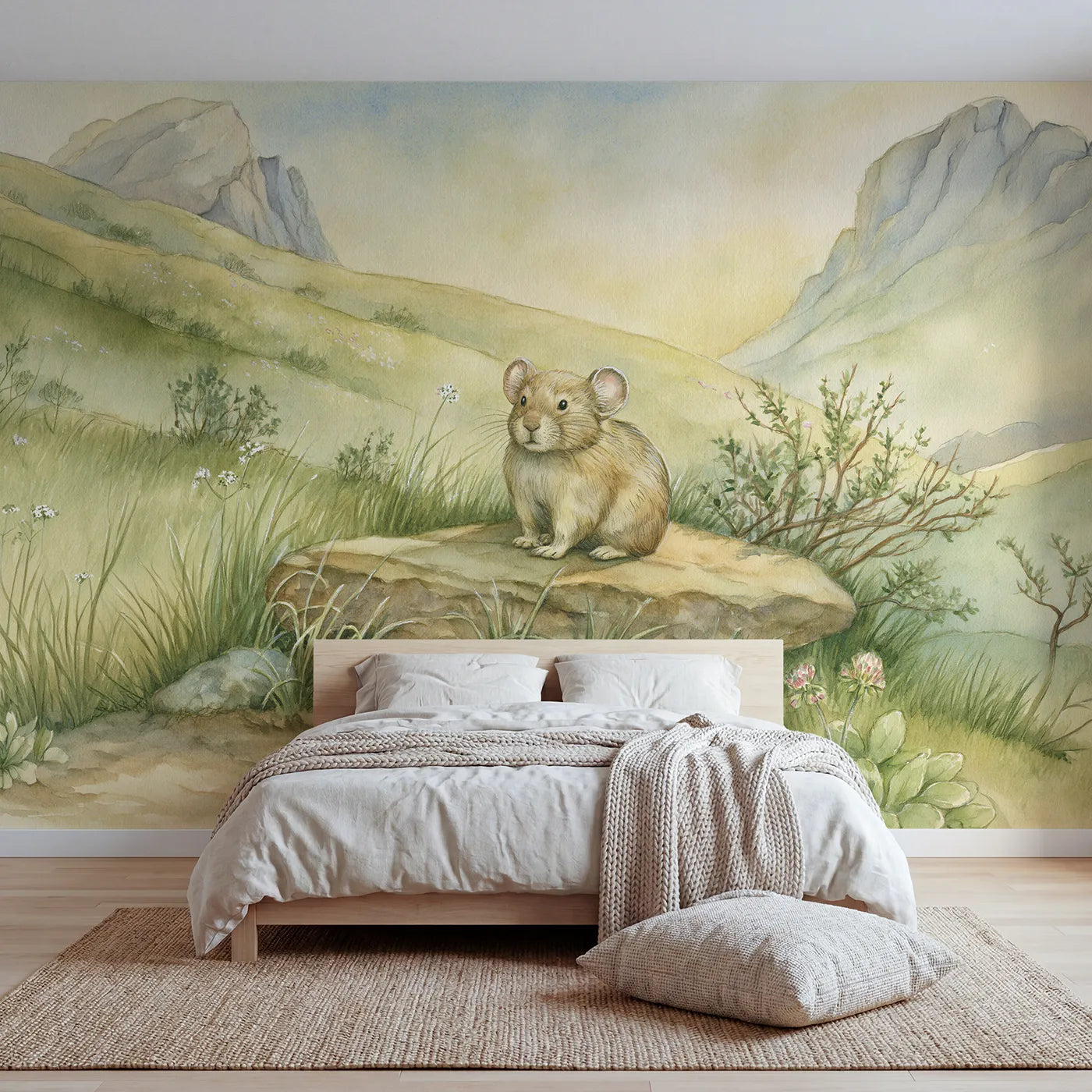 Mountain wall mural of a little busy alpine pika by Whimsy Tots
