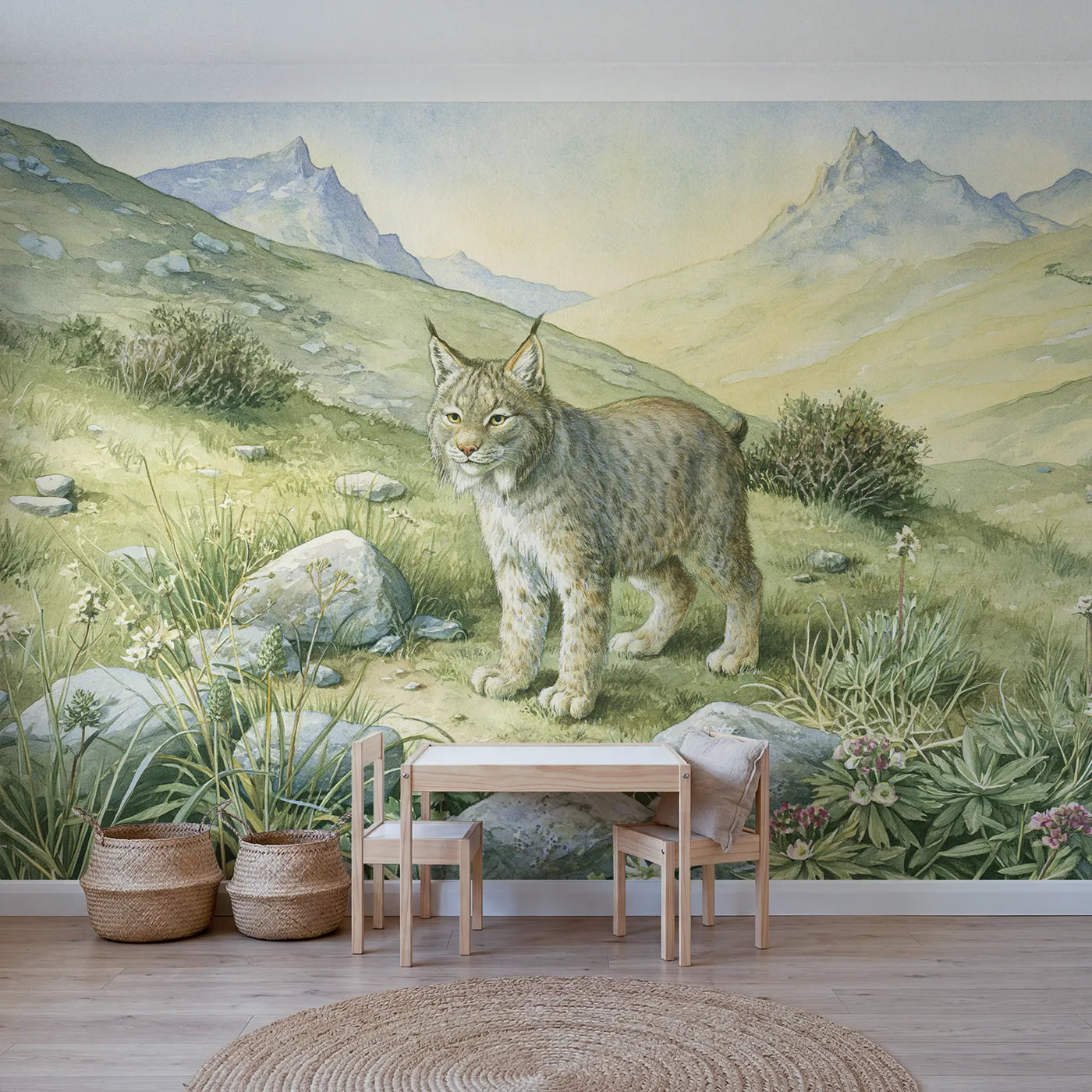 Mountain wall mural of a quiet tufted lynx by Whimsy Tots