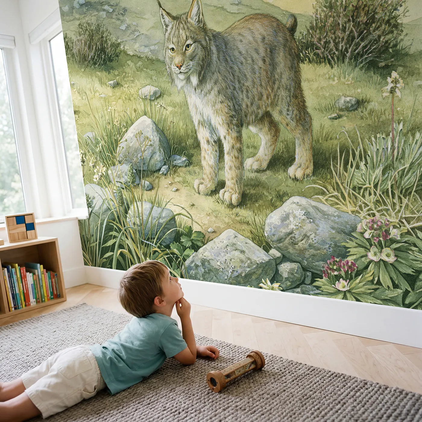 Child in nursery with Mountain Lynx Wallpaper Mural by Whimsy Tots